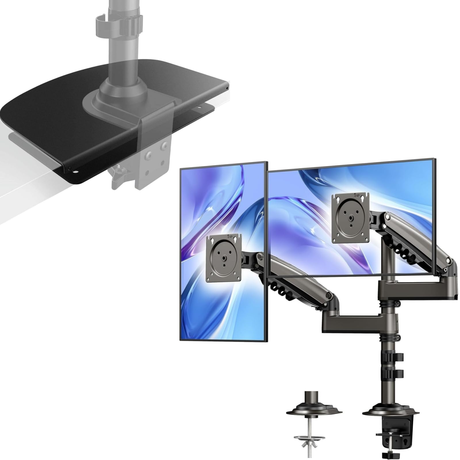 HUANUO 13-32 Inch Dual Monitor Stand with Steel Reinforcement Plate - Heavy Duty Monitor Mount for Thin, Glass & Fragile Desktops - Perfect for Home Office & Gaming Setup