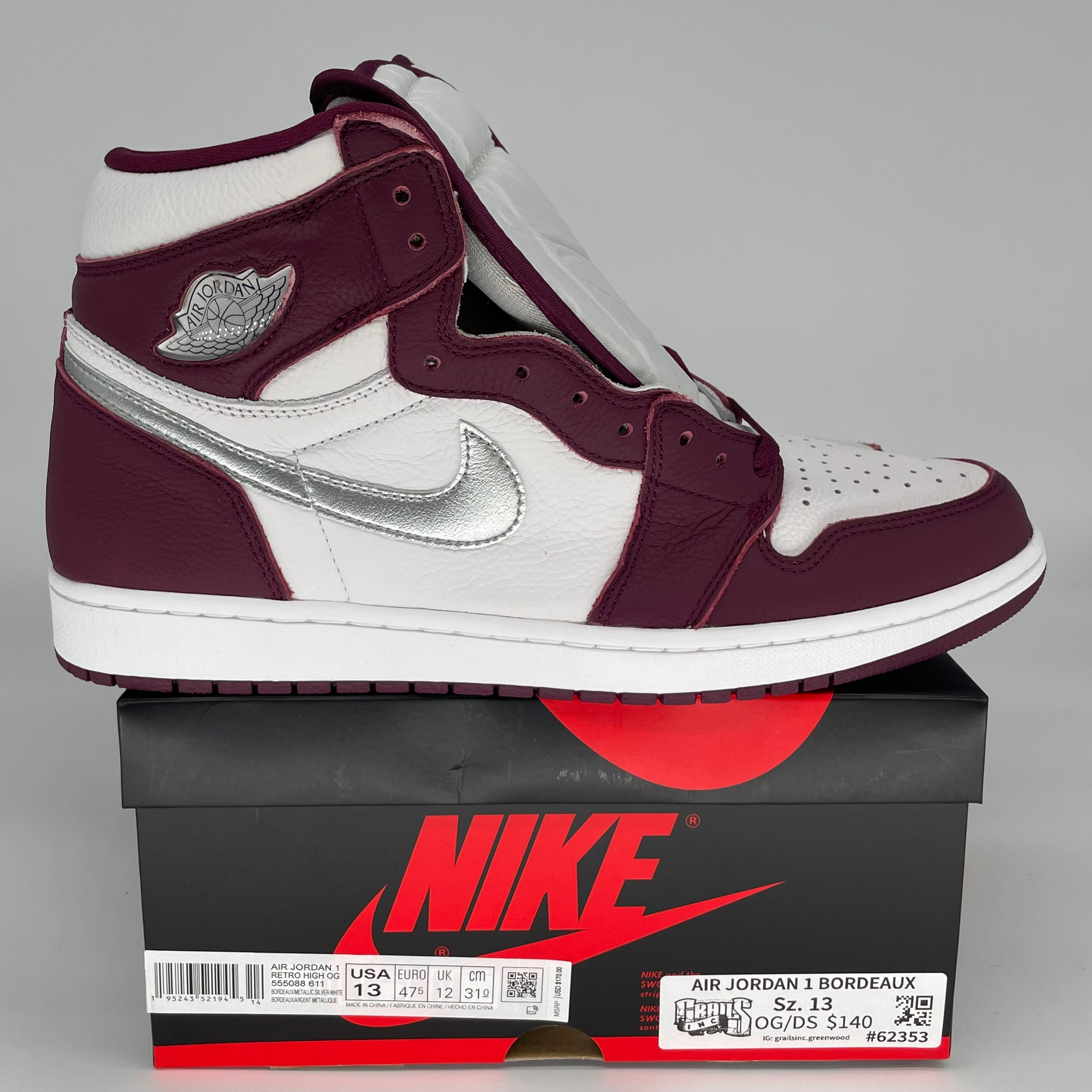 AIR JORDAN 1 Bordeaux Red Men's Basketball Shoes Size 13 - Retro High OG 555088-611 for Sneaker Collectors & Streetwear Fashion