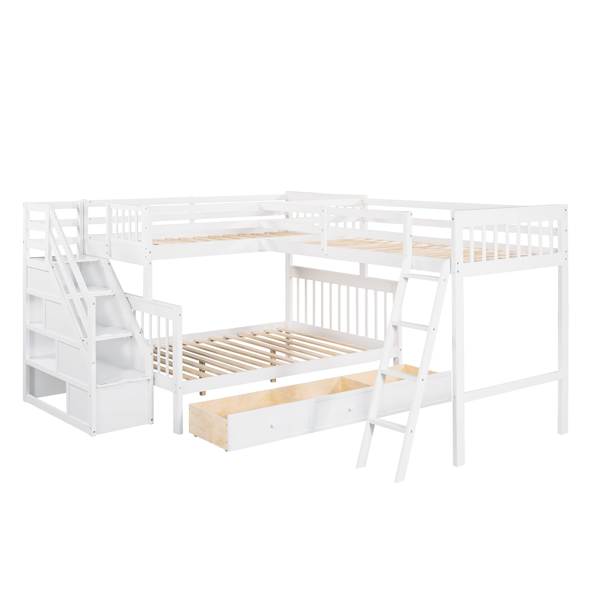 Merax White L-Shaped Triple Bunk Bed with Loft - Twin Over Full Size, Built-in Drawers, Safety Guardrails & Ladder - Space-Saving Kids Bedroom Furniture for Small Rooms & Shared Spaces