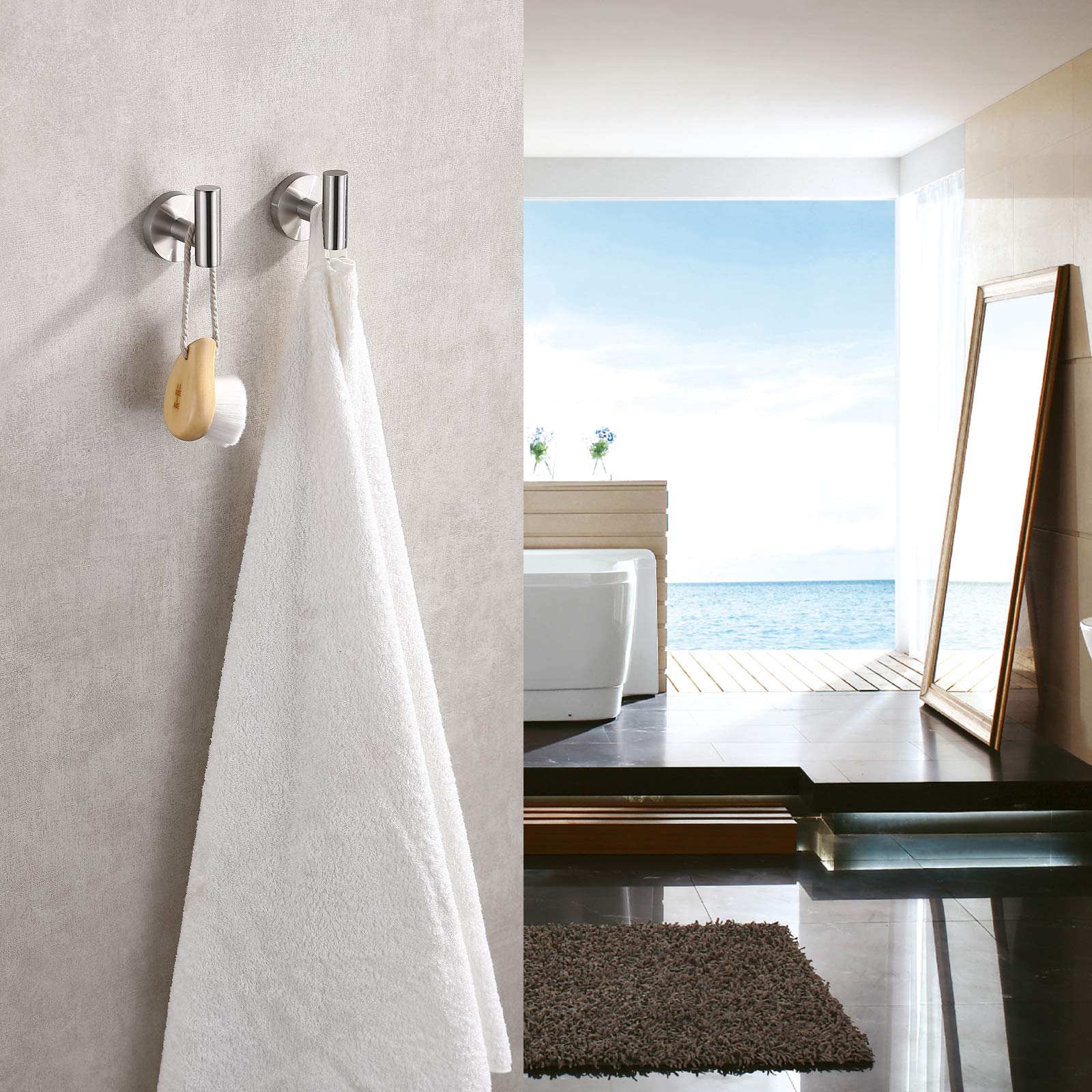 TASTOS Brushed Nickel Wall Hooks (2 Pack) - Heavy Duty Stainless Steel Coat & Towel Hooks for Bathroom, Kitchen - Modern Round Screw Mounted Hooks - Perfect for Hanging Robes, Clothes & Bath Towels