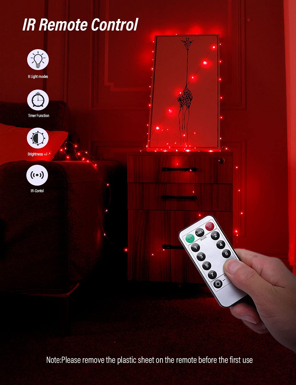 Fairy String Lights - 2 Pack LED Battery Operated Waterproof Copper Wire Fairy Lights with Remote Control, 8 Lighting Modes (16.4ft/Red) - Perfect for Bedroom Decor, Christmas Tree Lights, Wedding, Party & Outdoor Decoration