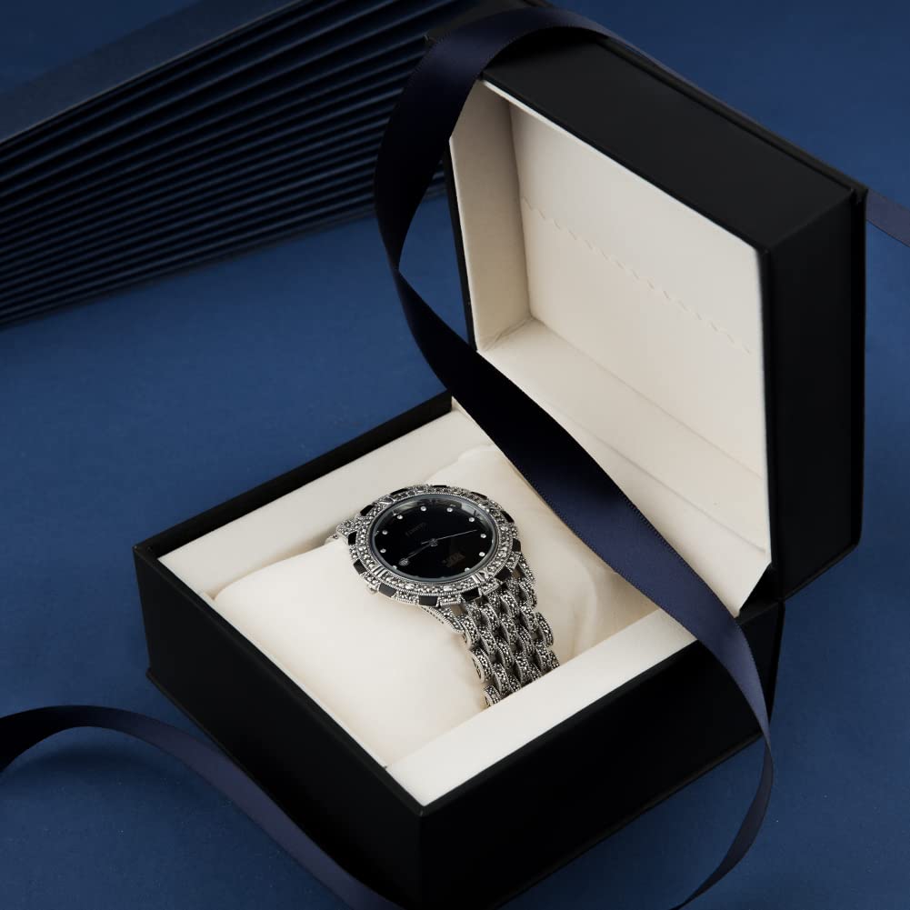 Men's Luxury Thai 925 Sterling Silver Marcasite Wrist Watch - Black 21CM Band - Elegant Dress Watch for Formal Events & Business Occasions