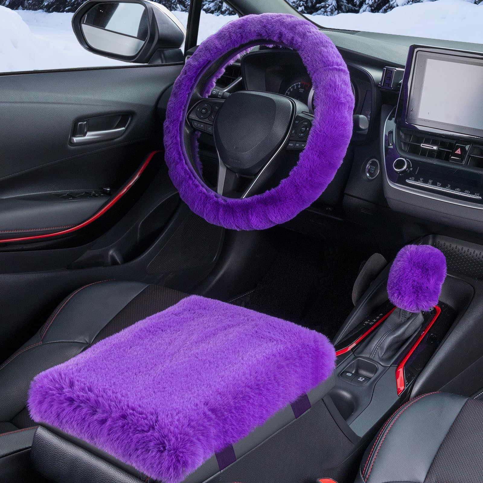 SEG Direct Auto Center Console Cover - Soft Fluffy Furry Car Armrest Pad Protector | Universal Fit for Most Vehicles, SUVs, Trucks & Cars | Comfortable Middle Console Cover for Men & Women (Purple) | Perfect for Long Drives & Daily Commutes