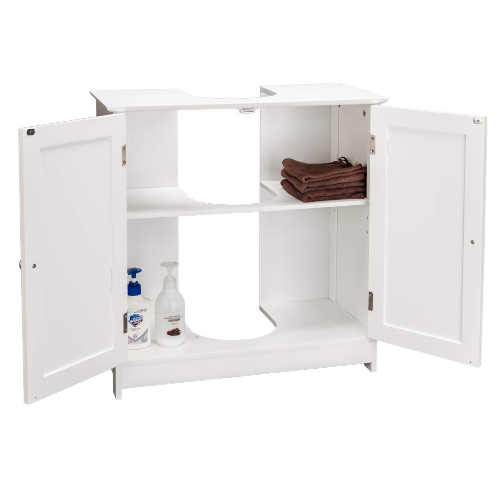 White Wooden Freestanding Pedestal Sink Storage Cabinet with Double Doors & Adjustable Shelves - Bathroom Organizer Space Saver for Small Bathrooms, Powder Rooms & Vanity Areas - Perfect for Towel Storage, Toiletries & Bathroom Essentials