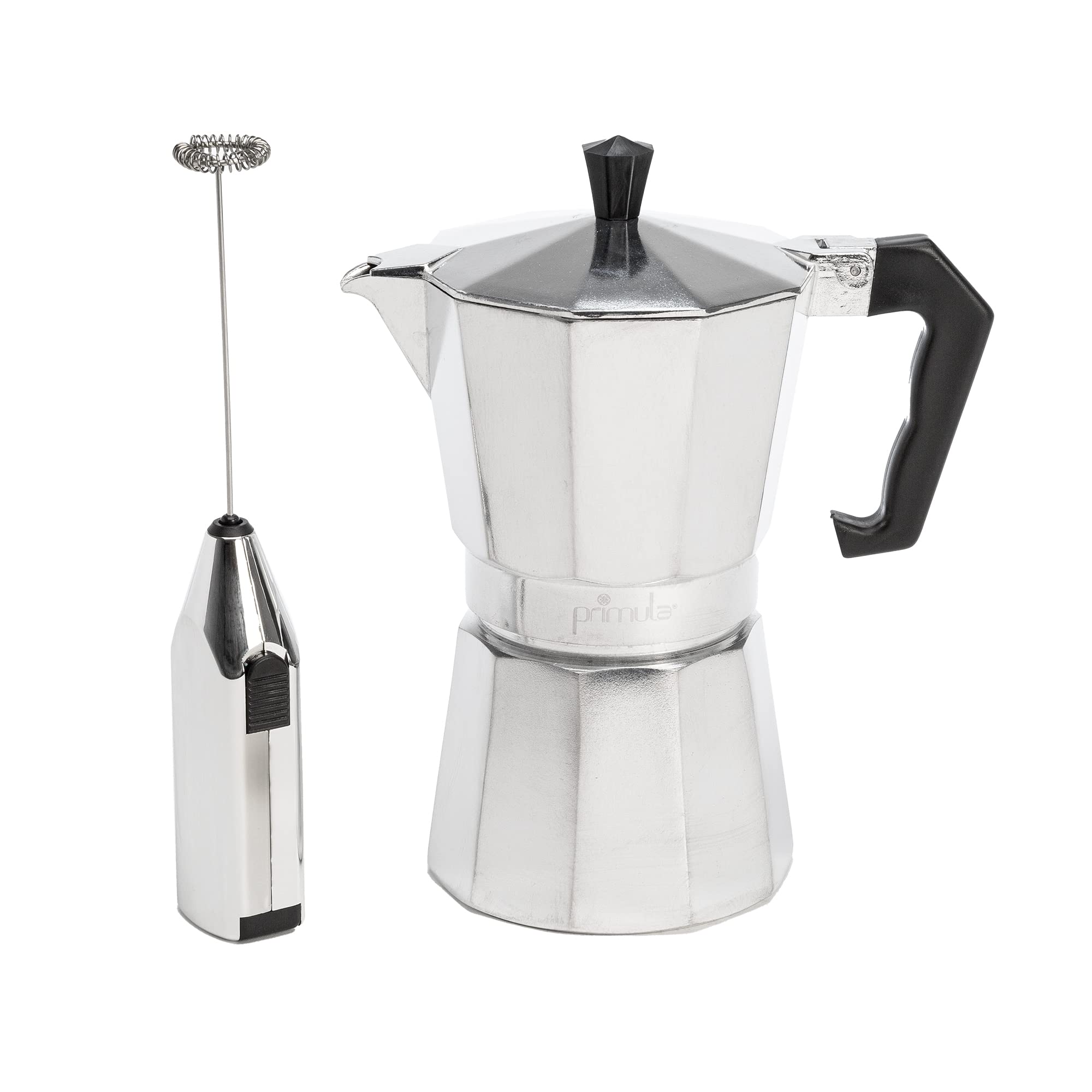Primaria Stovetop Espresso Maker & Electric Milk Frother Set - 6 Cup Italian Moka Pot for Cuban Coffee, Cafetera - Perfect for Home Brewing, Camping & Gifts (Silver)