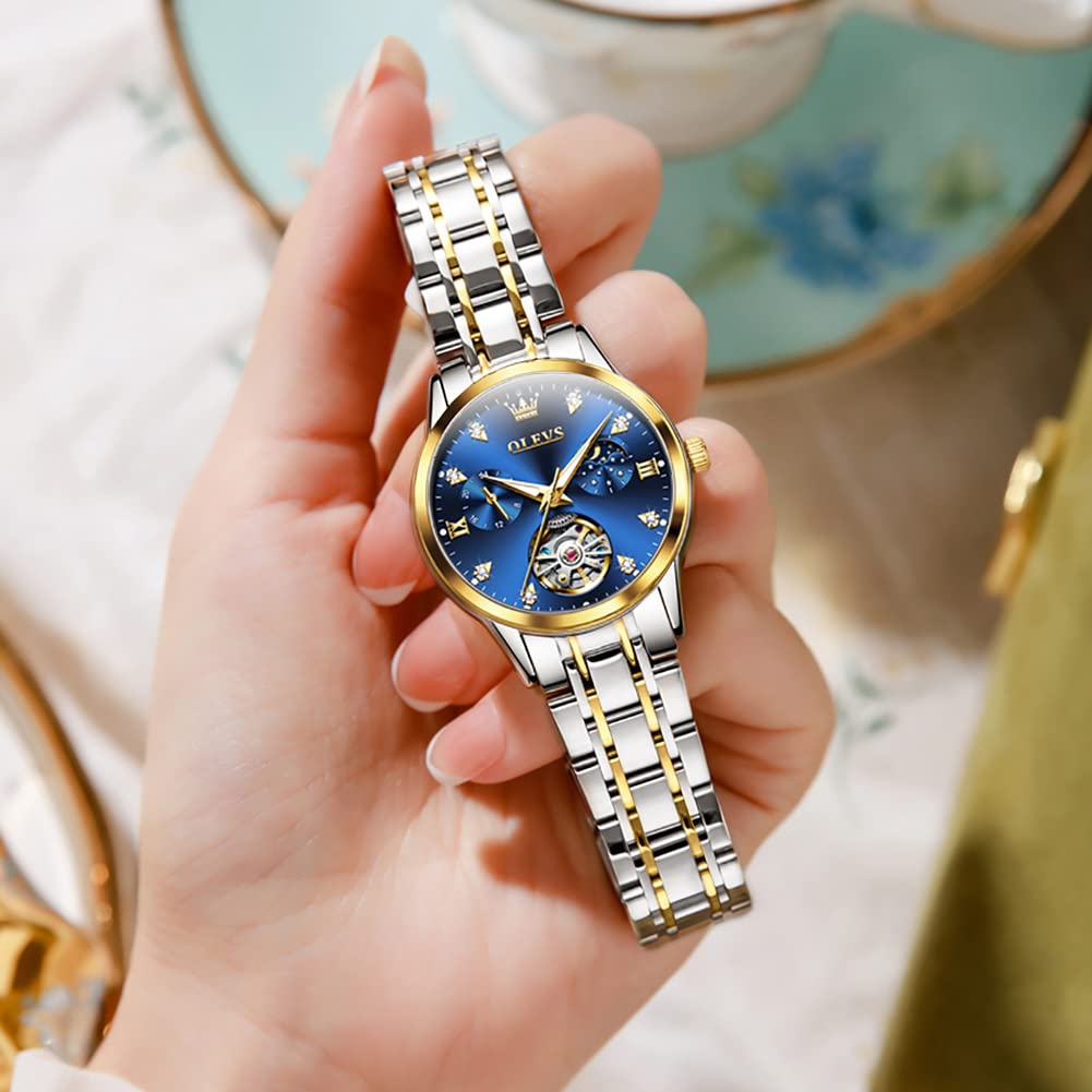 OLEVS Women's Luxury Automatic Diamond Self-Winding Dress Watch with Moon Phase & Luminous Blue Dial - Stainless Steel Waterproof Wristwatch for Business, Party & Formal Occasions