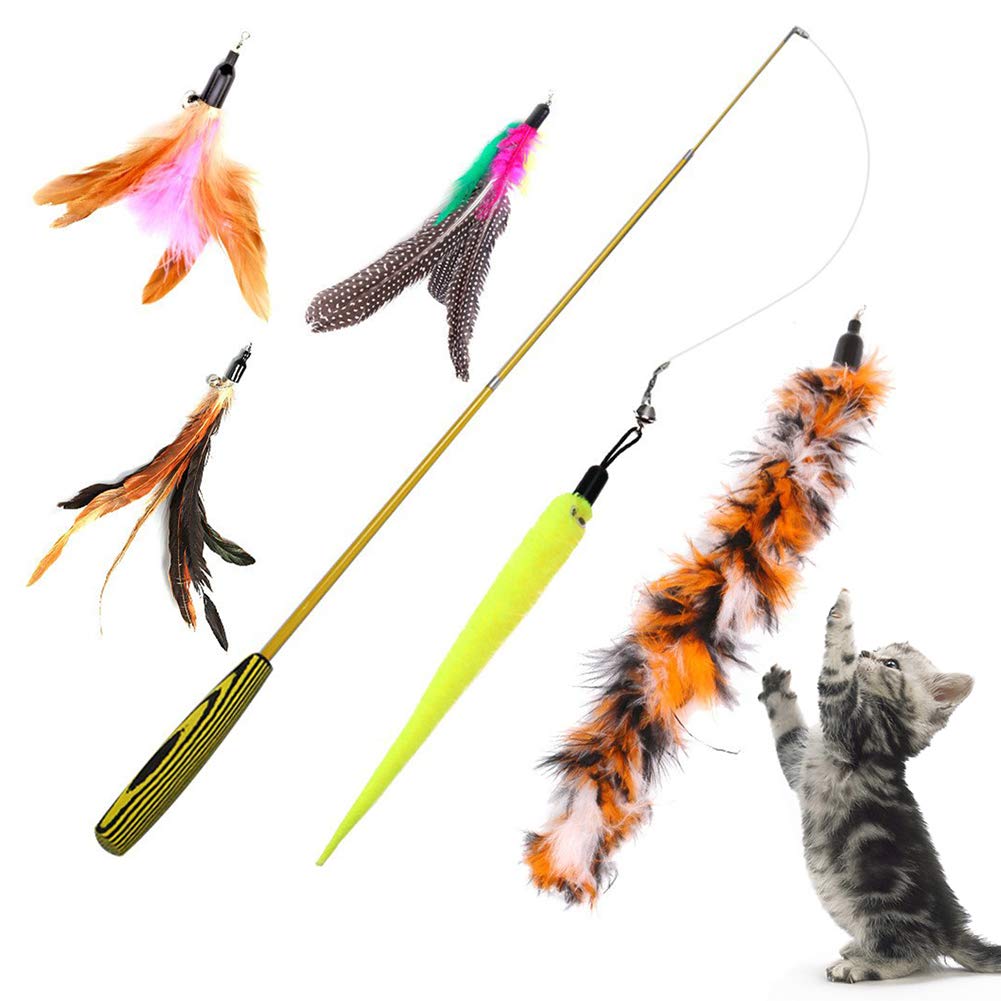 BESUFY 6Pcs Interactive Cat Toys with Bells & Feathers - Kitten Teaser Sticks, Plastic Catcher Rods for Indoor Play, Fun & Engaging Pet Toys for Cats - Perfect for Bonding & Exercise