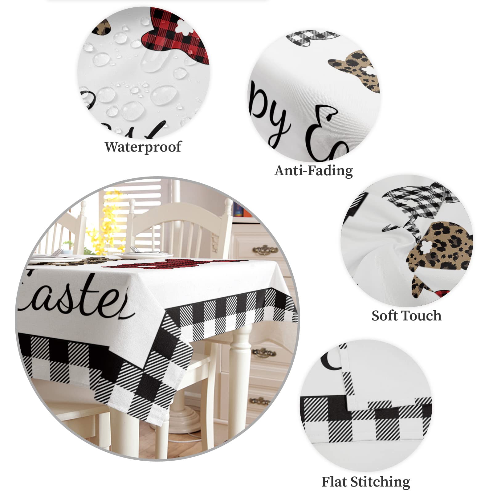 Easter Bunny Tablecloth - Black and White Buffalo Plaid Waterproof Table Cover for Kitchen, Dining Room, Party, Hotel Banquet (52x70 Inches) - Spring Rabbit Grid Leopard Decor for Easter Celebrations, Holiday Gatherings & Home Decor