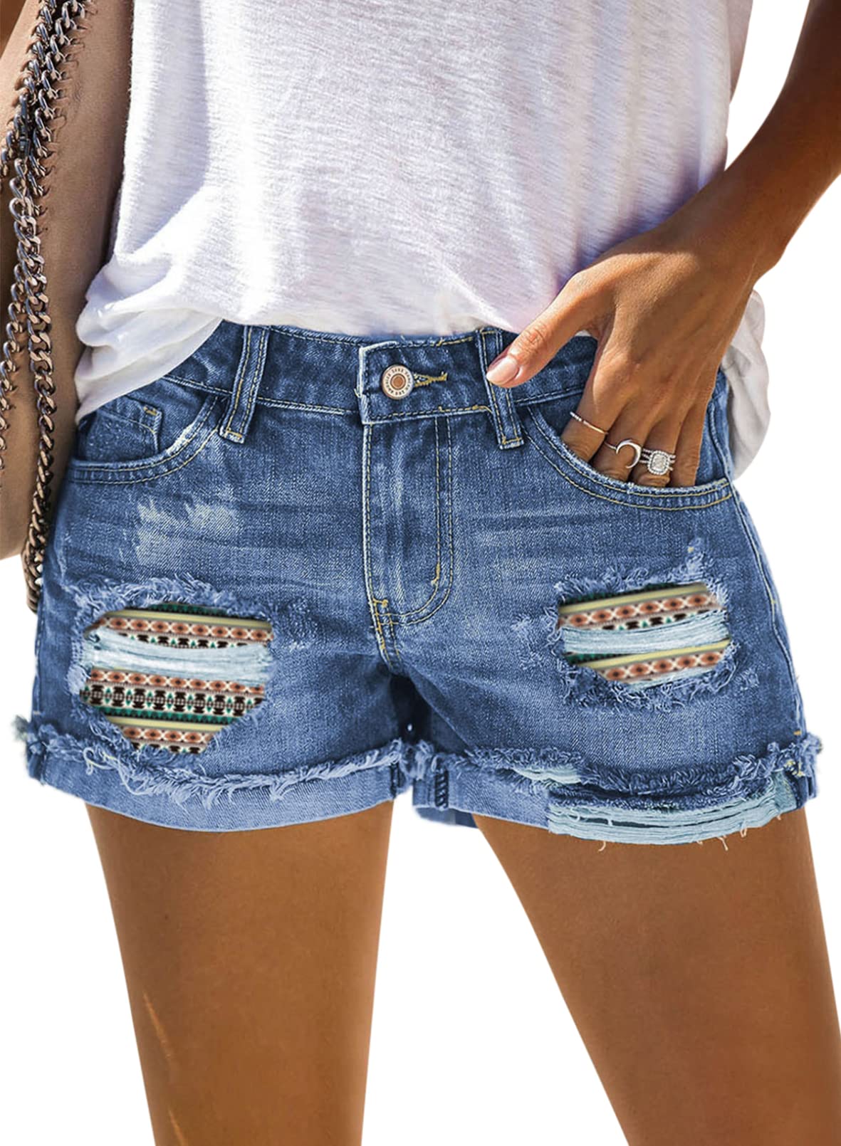 Sidefeel Women's Mid Rise Distressed Denim Shorts - Cuffed Rolled Hem Casual Jean Shorts for Summer Outfits & Streetwear Fashion