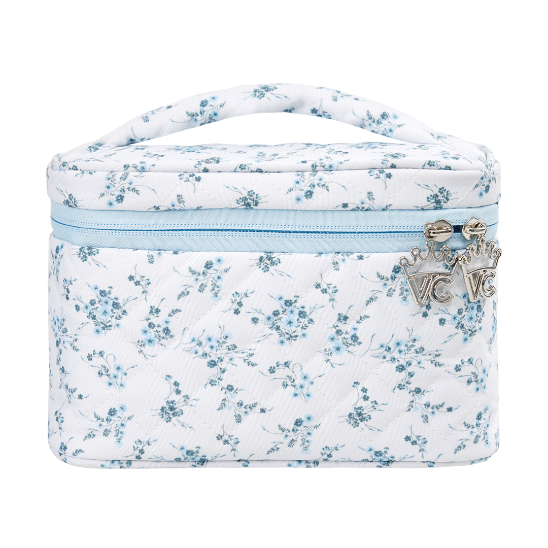 French Blue Floral Vanity Bag for Women - Elegant Cosmetic Makeup Travel Organizer | Perfect for Travel, Gym, and Daily Essentials Storage