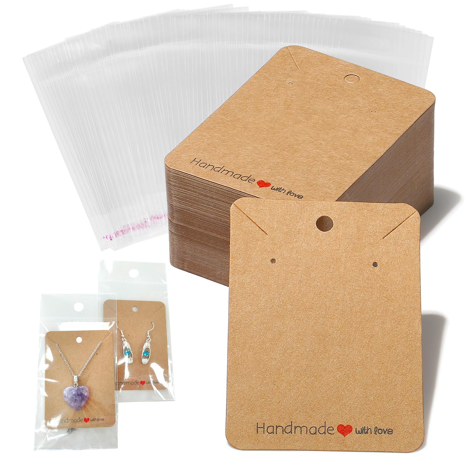 MAIBAOTA 100 Pcs Jewelry Display Cards - Earring Holder Cards with Packaging Bags for Earrings & Necklaces (Brown) | Perfect for Jewelry Stores, Craft Shows & Online Boutique Sales