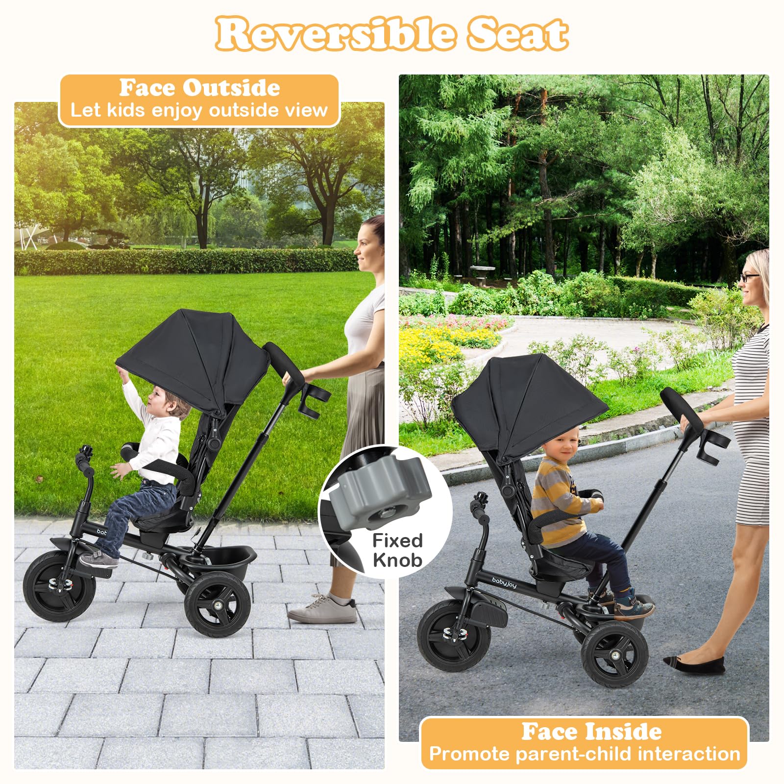 BABY JOY 6-in-1 Convertible Toddler Tricycle with Reversible Seat, Adjustable Canopy & Parent Push Handle - 5-Point Safety Harness, PU Wheels & Storage Basket - Ride-On Push Bike for Kids 9-60 Months (Black) - Perfect for Outdoor Play, Park Rides & Learning to Cycle