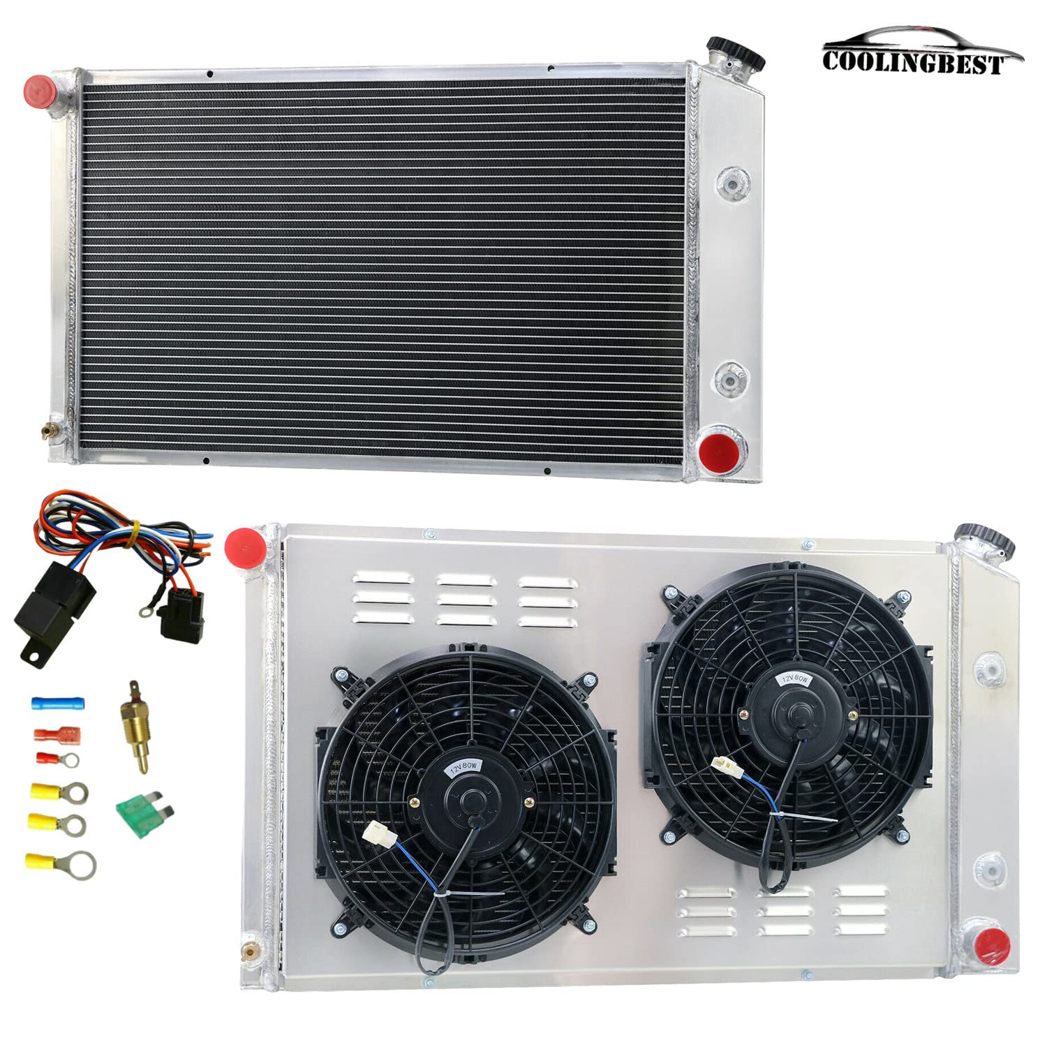 High-Performance 3-Row Aluminum Radiator for 1970-1981 Pontiac Firebird/Trans Am (3.8L-6.6L L6/V8) - Includes Electric Fan Shroud & Thermostat Kit - Perfect for Engine Cooling & Restoration Projects (Fits 1971-1980 Models)