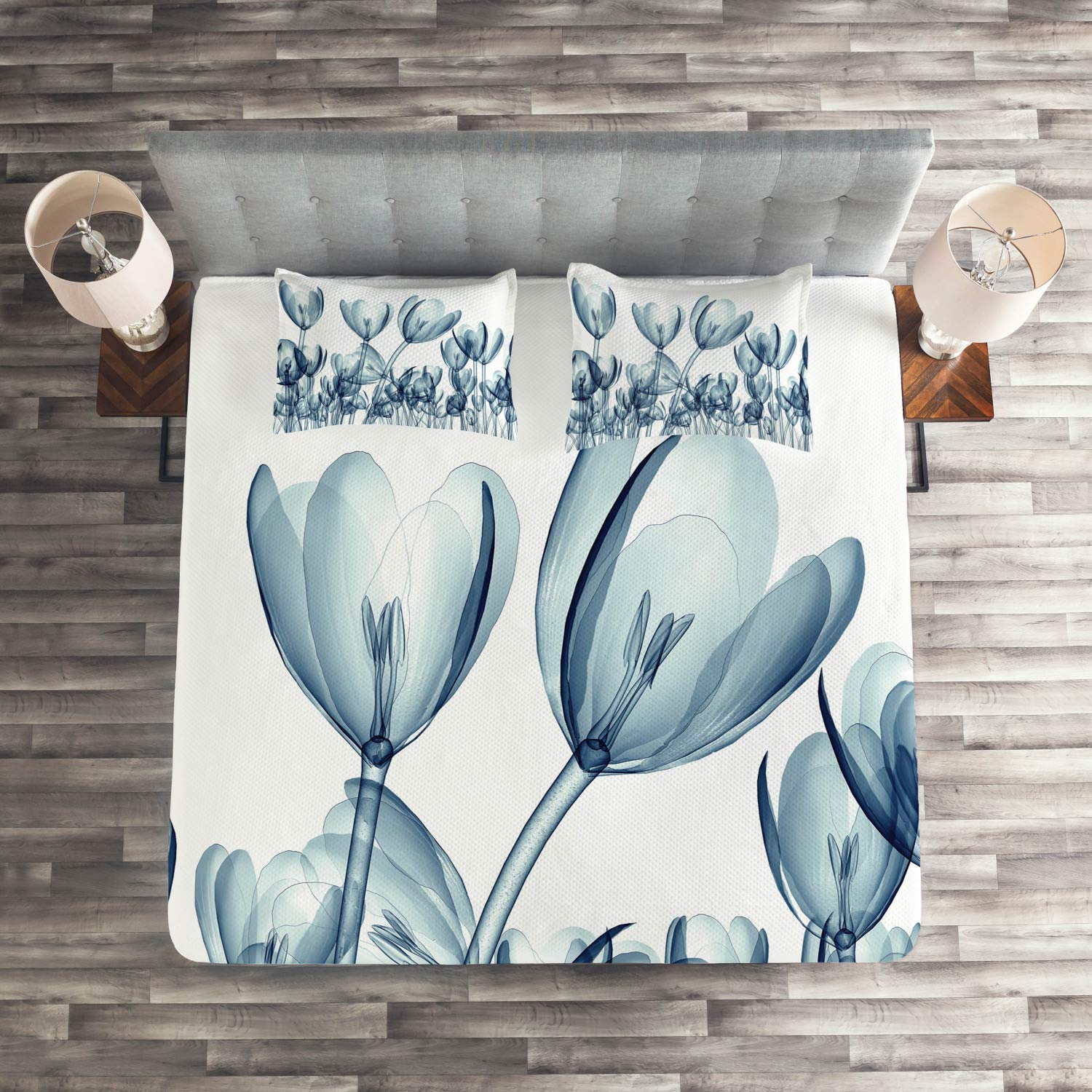 Ambesonne Floral Quilt Set - King Size Teal & White 3-Piece Bedspread with 2 Pillow Shams, Nature-Inspired X-Ray Flower Design | Perfect for Master Bedroom Decor, Guest Room Makeover & Cozy Home Styling