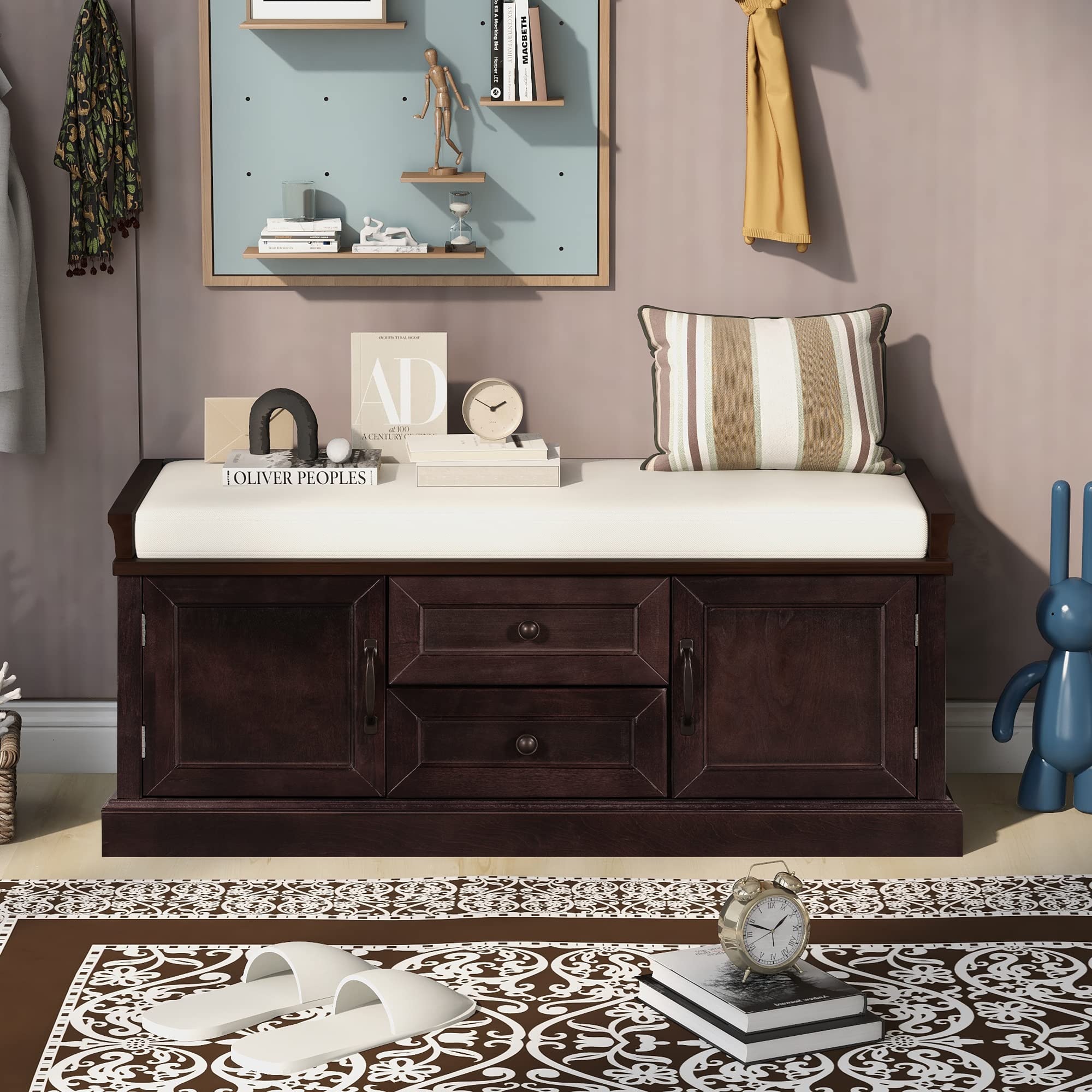 Solid Wood Storage Bench with Drawers & Cabinets - Entryway Shoe Bench for Living Room & Hallway