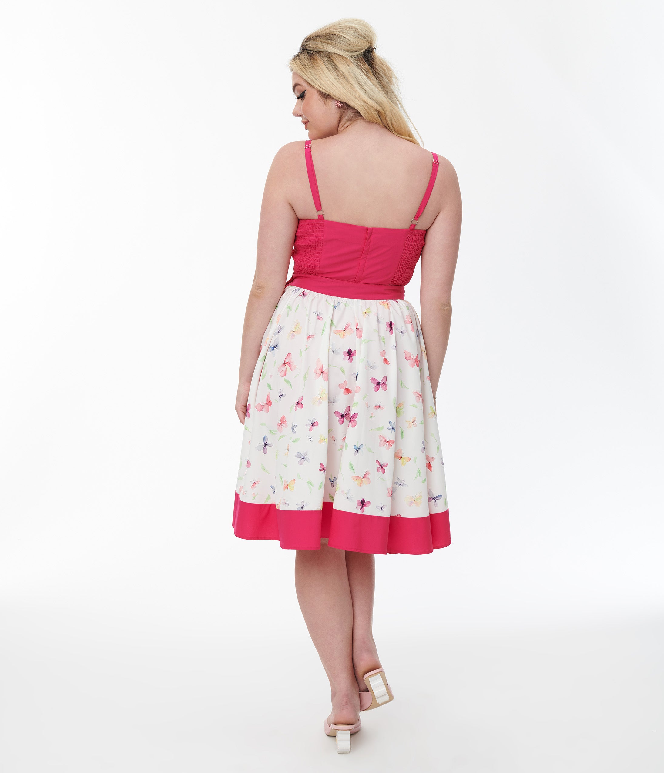 Vintage 1950s Hot Pink & White Butterfly Print Swing Skirt - Retro 50s Style Flared Skirt for Women, Perfect for Swing Dancing, Vintage Themed Parties & Casual Wear