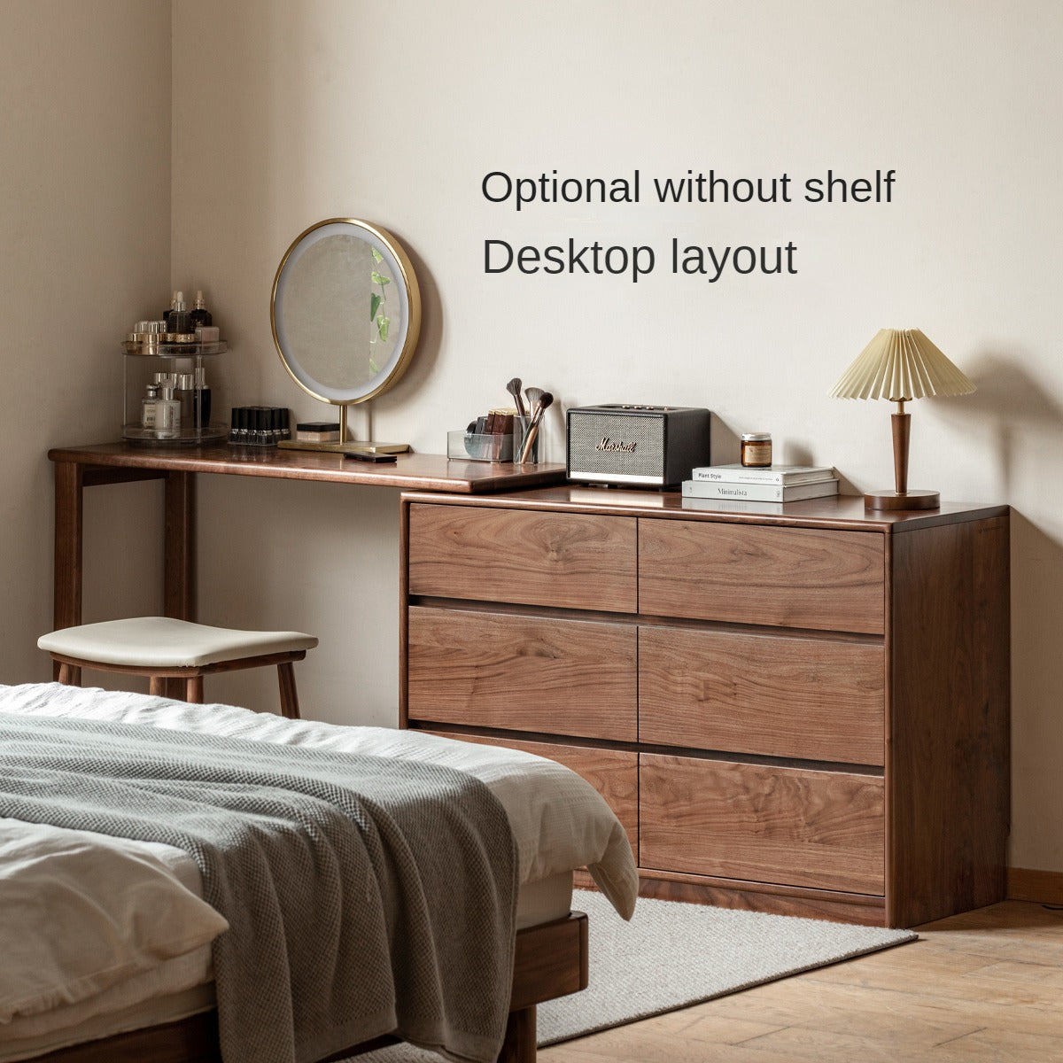Premium Black Walnut Solid Wood Extendable Vanity Dressing Table with Mirror - Perfect for Bedroom, Bathroom & Makeup Organization