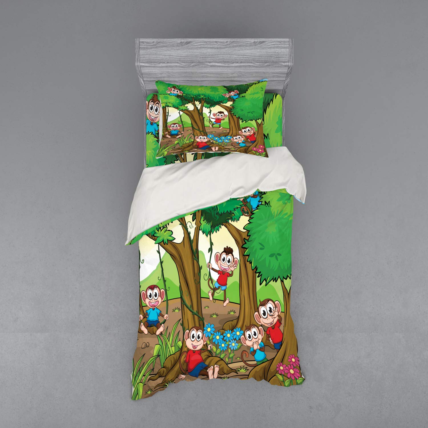 Ambesonne Cartoon Apes & Monkeys Duvet Cover Set - 3 Piece Twin Size Bedding with Sham & Fitted Sheet - Exotic Forest Jungle Theme with Big Trees & Daisy Blooms - Perfect for Kids' Room, Nursery Decor or Jungle Themed Bedroom