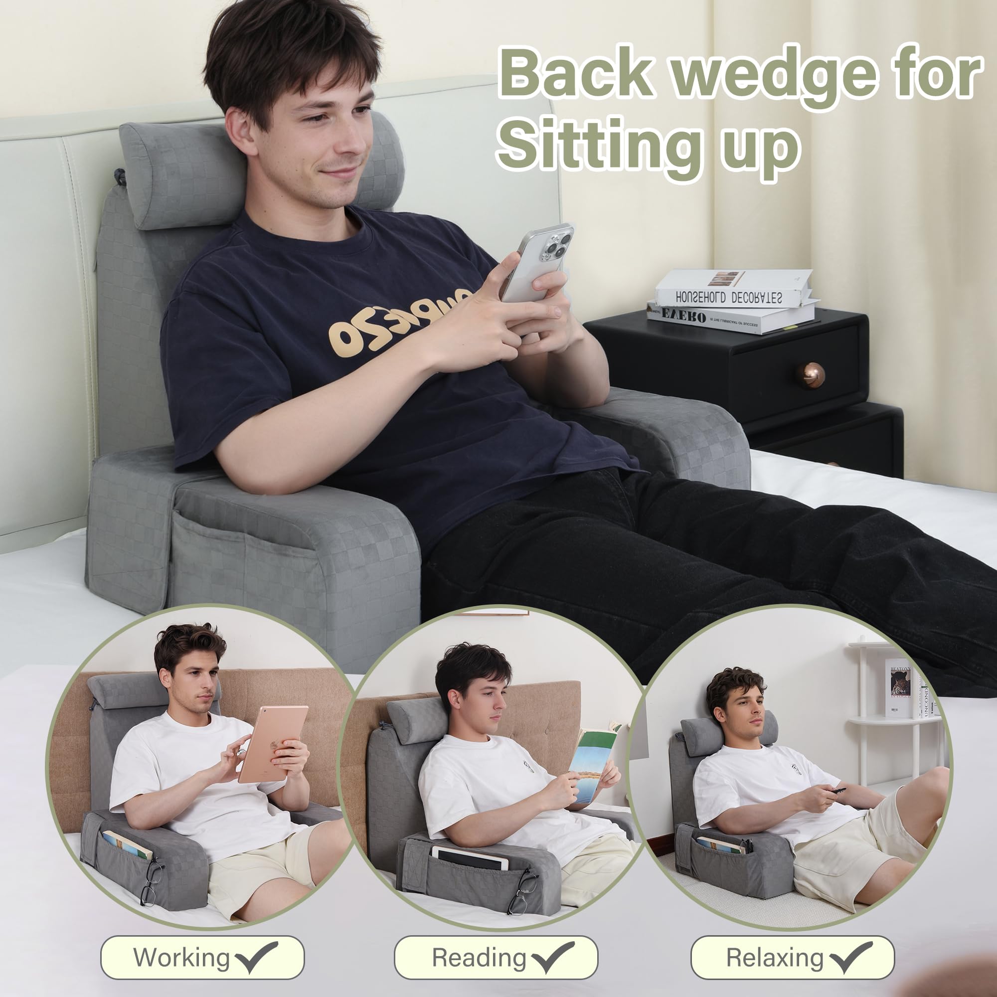 Vekkia Reading Pillow for Adults - Adjustable Backrest Support Pillow with Arms & Large Pockets - Perfect for Bed, Floor, Sofa - Ideal for Reading, Gaming, Working, Watching TV & Relaxing - 19 Inch Grey