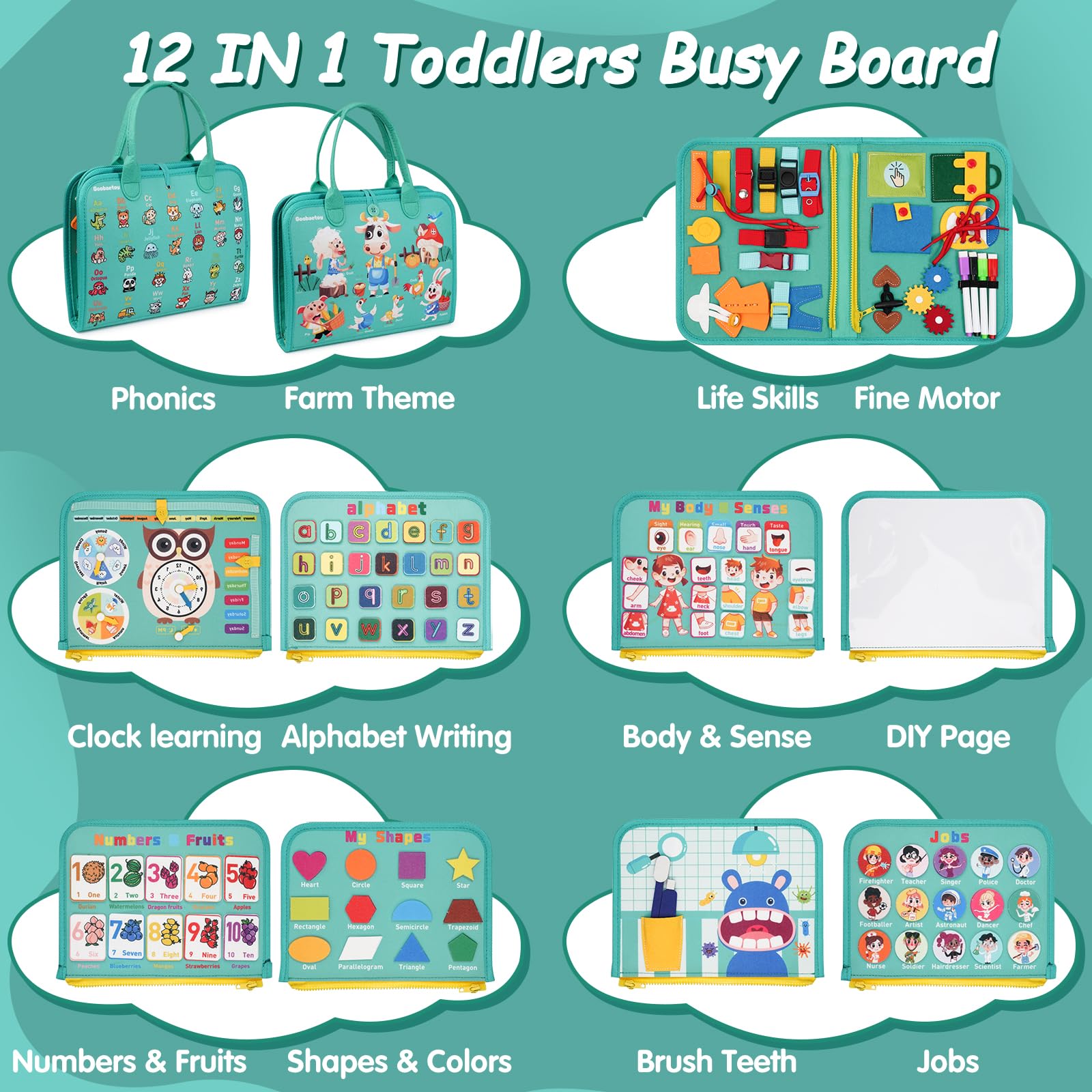 Montessori Busy Board Sensory Toy for Toddlers 1-6 Years Old - 10 Pages & 32 Educational Activities - Airplane & Car Travel Learning Toy - Autism Friendly - Birthday Gift for Boys & Girls (Cyan) | Perfect for Travel, Home Learning & Sensory Development