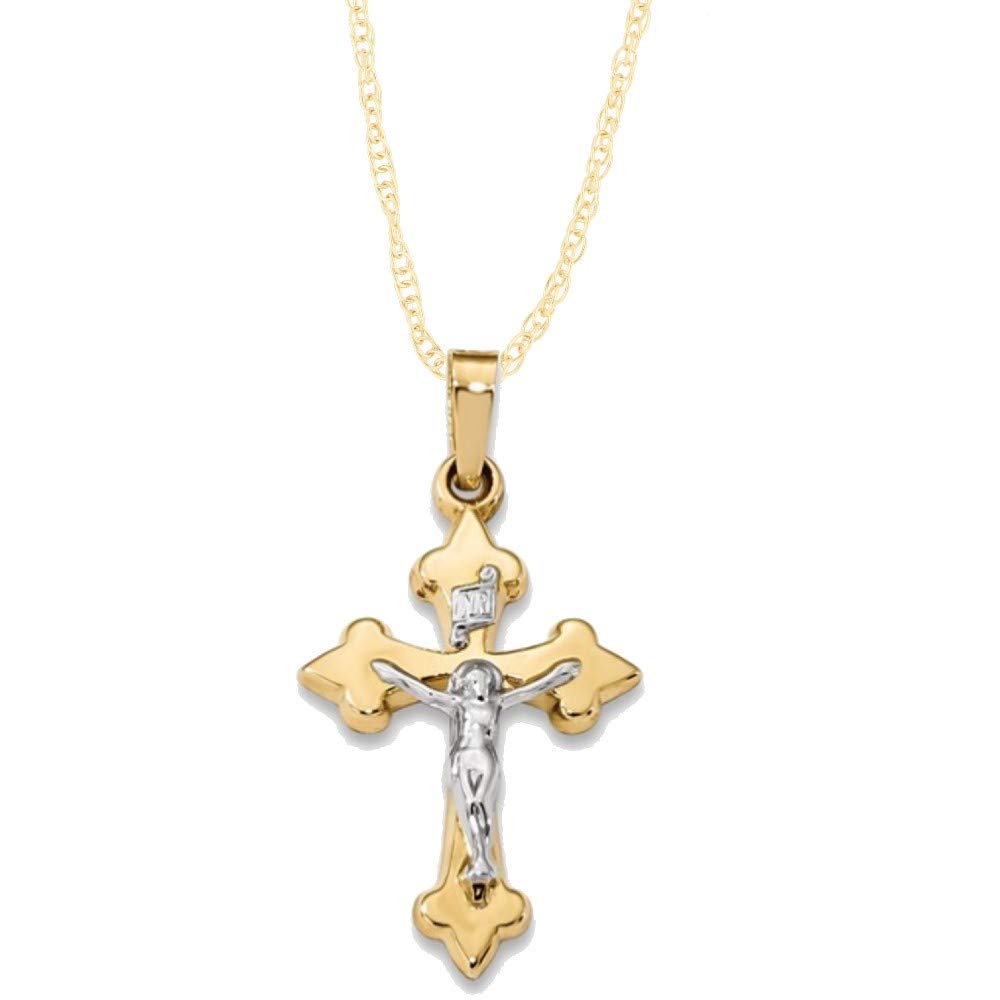 14K Two-Tone Yellow Gold & White Gold INRI Crucifix Fleur De Lis Cross Pendant Necklace - Religious Jewelry for Women & Men - Perfect for Baptism, First Communion, Confirmation & Spiritual Gifts