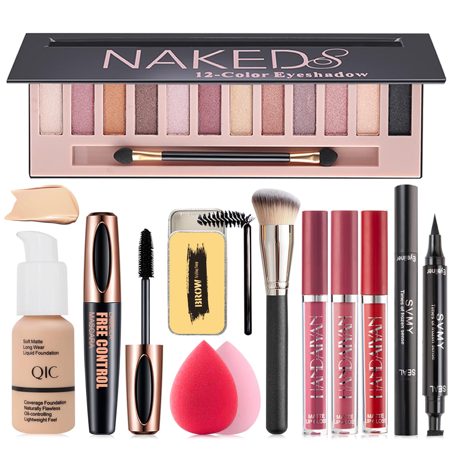 All-in-One Makeup Kit with 12-Color Naked Eyeshadow Palette, Nude Liquid Foundation, Lipstick Set, Eyebrow Soap, Eyeliner Stamp & Waterproof Mascara - Includes Makeup Brushes & Sponges for Daily Makeup, Party Looks & Professional Beauty Routines