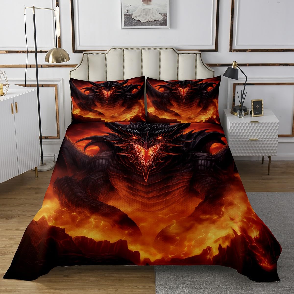 Fierce Dragon King Bedspread Set with Pillowcases - Wild Dino Themed Bedding for Teens & Adults - Perfect for Dragon Lovers' Room Decor