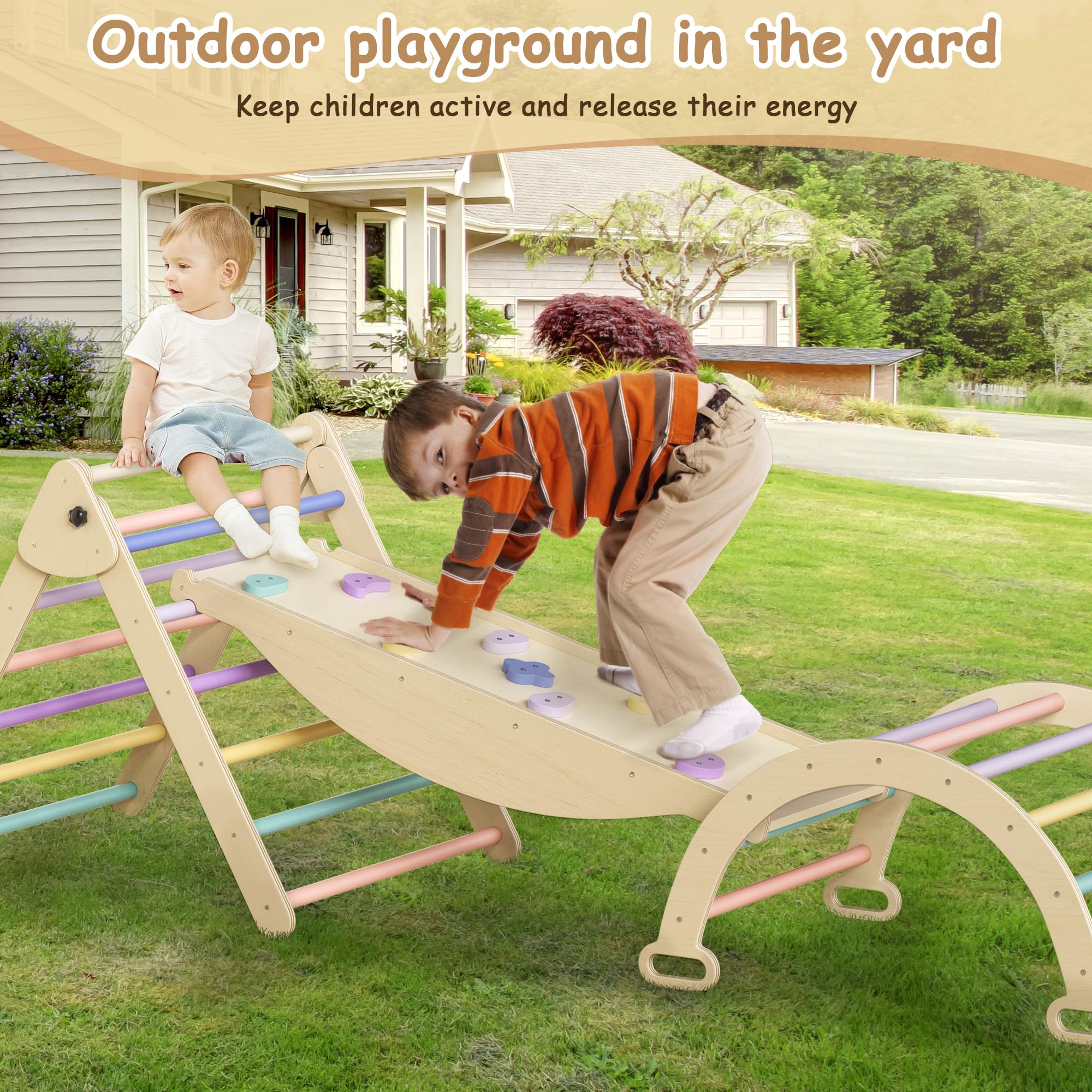 ROOMTEC 5-in-1 Montessori Pikler Triangle Set - Baby Climbing Toys for Toddlers with Arch, Ramp & Triangle - Indoor & Outdoor Play Gym for Kids - Perfect for Home Playroom, Daycare & Backyard Activities
