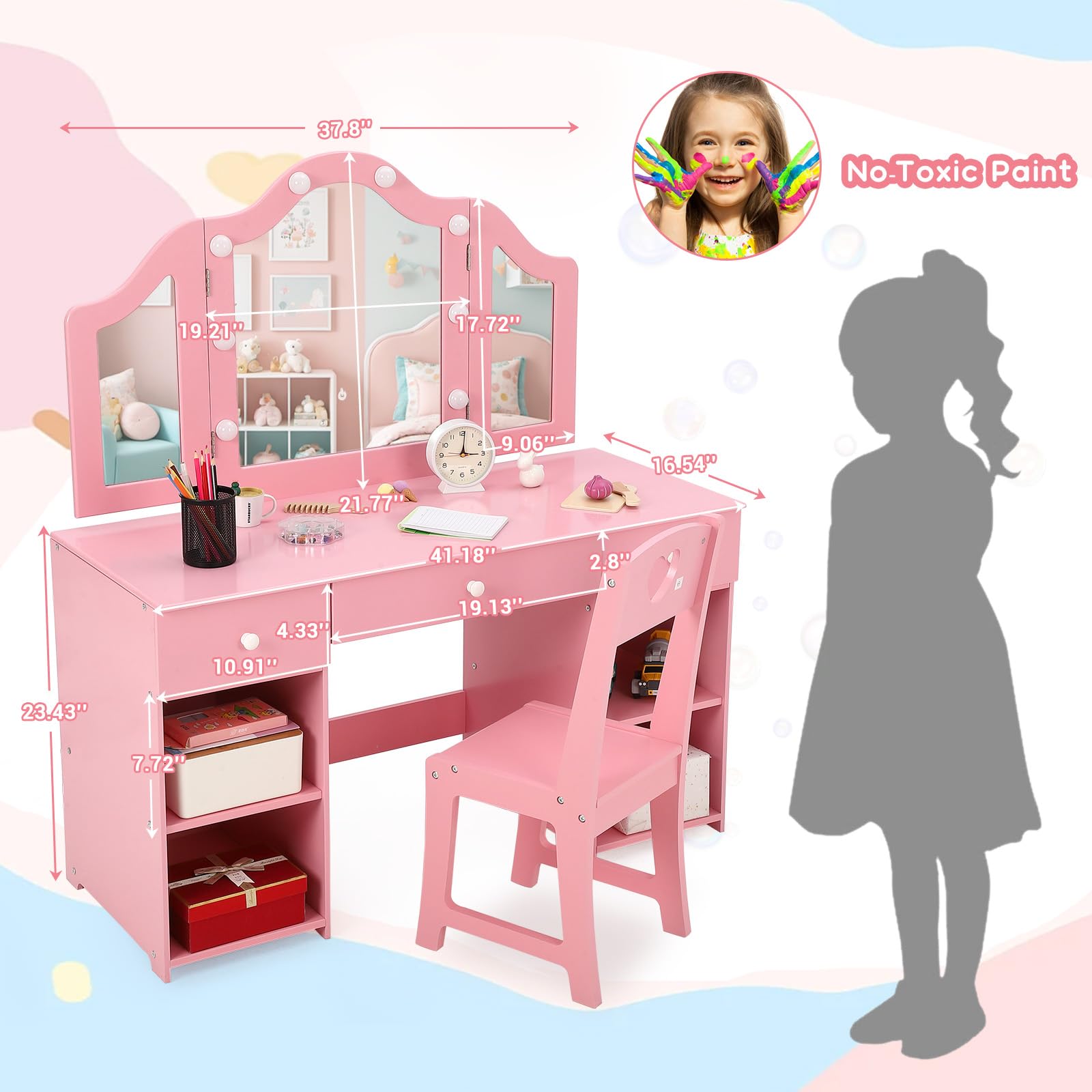 Kids Vanity with Lights & Storage - Princess Makeup Vanity Desk with Touch Light, Detachable Tri-Folding Mirror & Chair Set | 2-in-1 Wooden Toddler Vanity Table for Girls | Perfect for Bedroom Decor, Birthday Gifts & Pretend Play