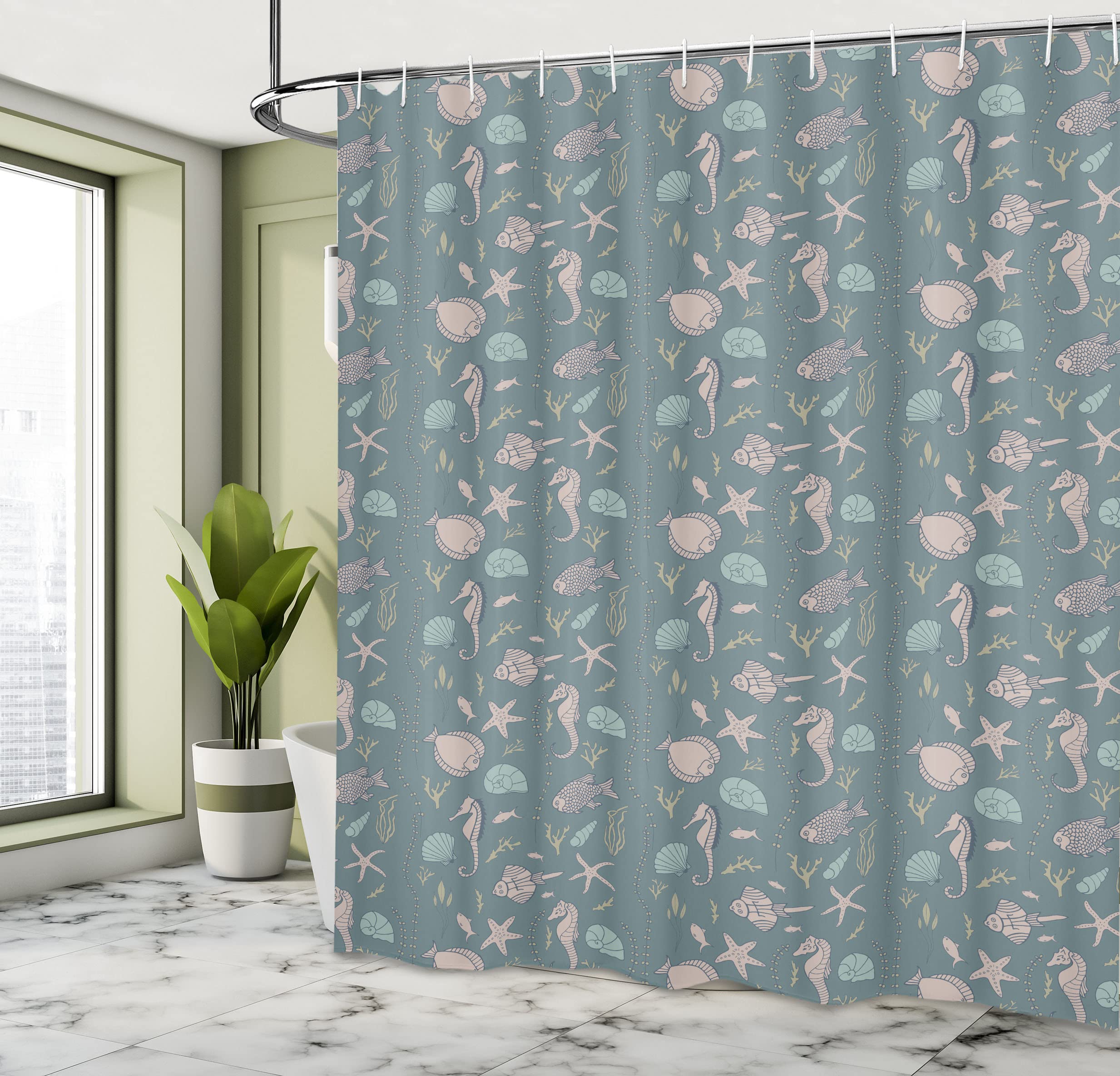 Ambesonne Waterproof Marine Shower Curtain - Underwater Theme with Seahorses, Anemones, Starfish & Coral Reef - Extra Wide 105