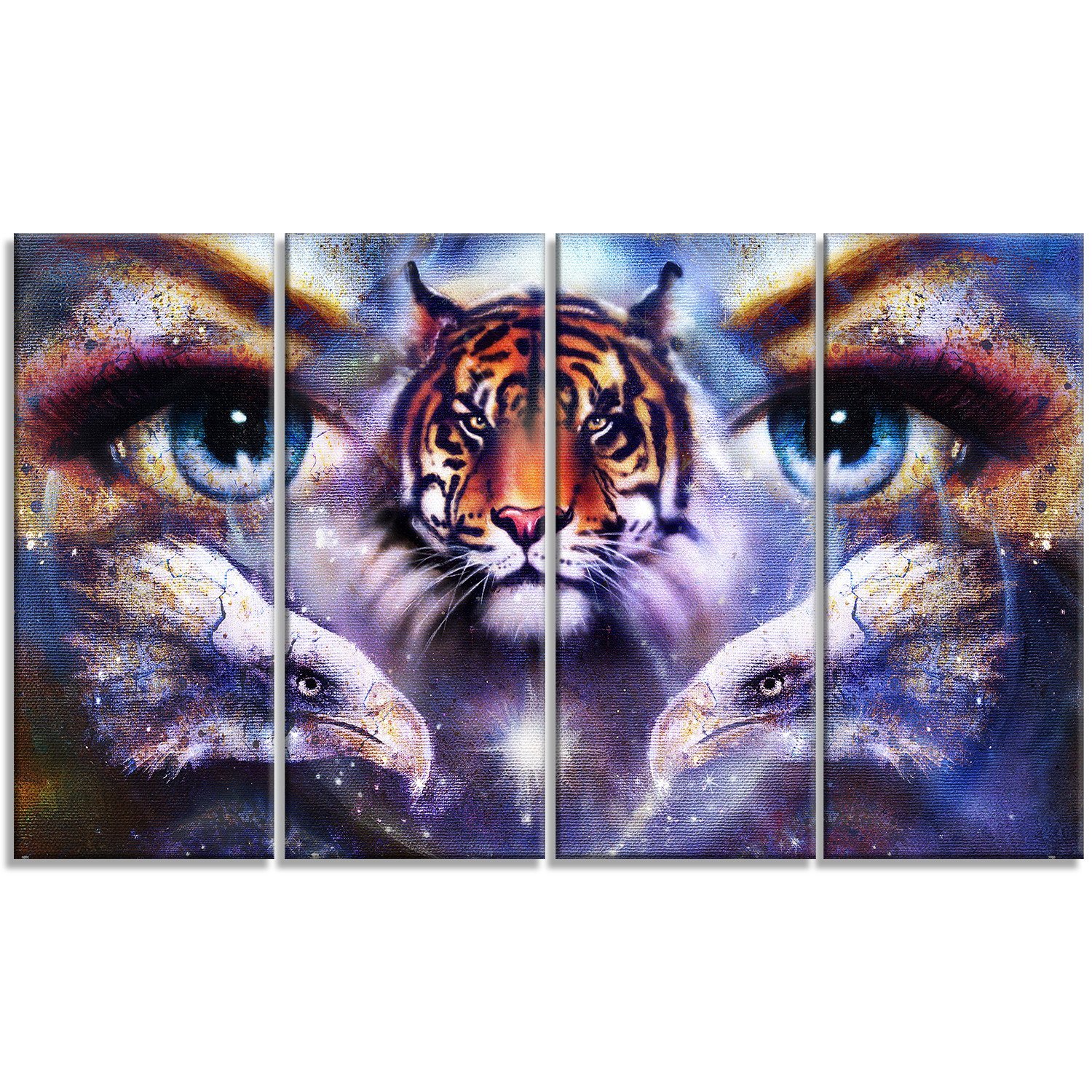 Designart Tiger with Woman Eyes - Abstract Animal Metal Wall Art Decor - 48x28 Inches - 4 Panel Set for Living Room, Bedroom & Office Wall Decor - MT7194