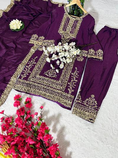 Elegant Purple Chinon Silk Partywear Suit Set for Women - Perfect for Weddings, Evening Events & Special Occasions