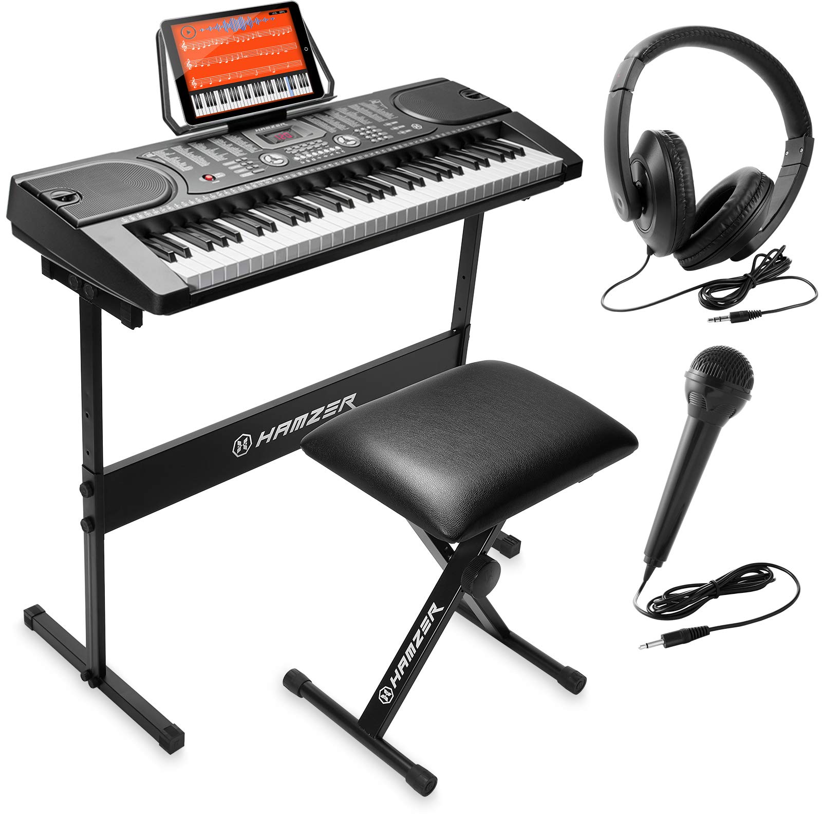 Hamzer 61-Key Electronic Keyboard Piano Set with Built-In Speakers, Stand, Bench, Headphones & Microphone - Complete Beginner Keyboard Kit with Key Labels | Perfect for Home Learning, Music Practice & Gift Giving