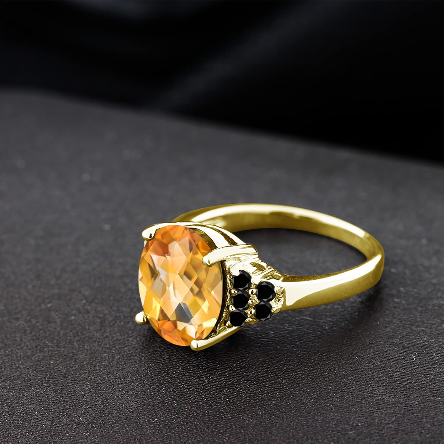 6.06 Ct Oval Checkerboard Yellow Citrine & Black Diamond Ring in 18K Gold Plated Silver | Gem Stone King | Elegant Jewelry for Women, Perfect for Weddings, Anniversaries & Special Occasions