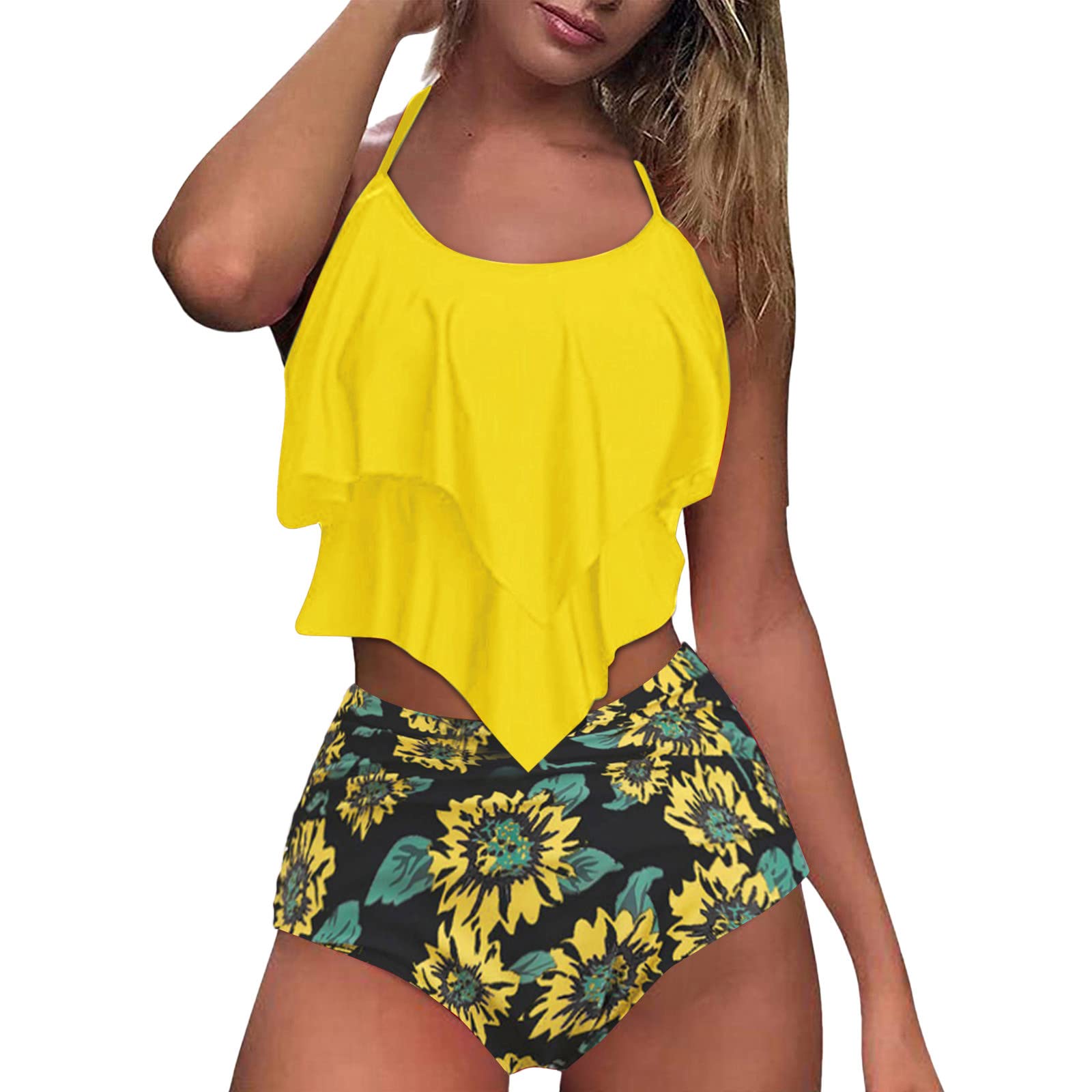 **Plus Size Women's Floral Ruffle Bikini Swimsuit - High Waist Tummy Control Two Piece Bathing Suit for Beach, Pool & Vacation**