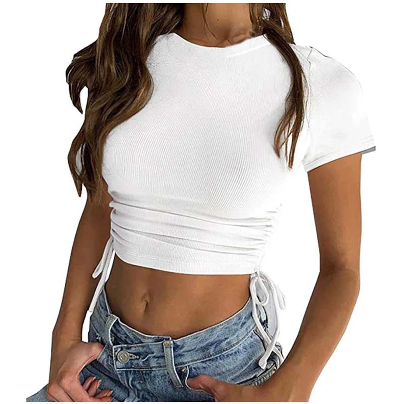 Women's Summer Crop Tops - Slim Fit Sexy O-Neck Ruched Side Drawstring Ribbed Short Sleeve Solid Tank Tops (White) | Casual Wear, Beach Outfits, Street Style & Summer Fashion