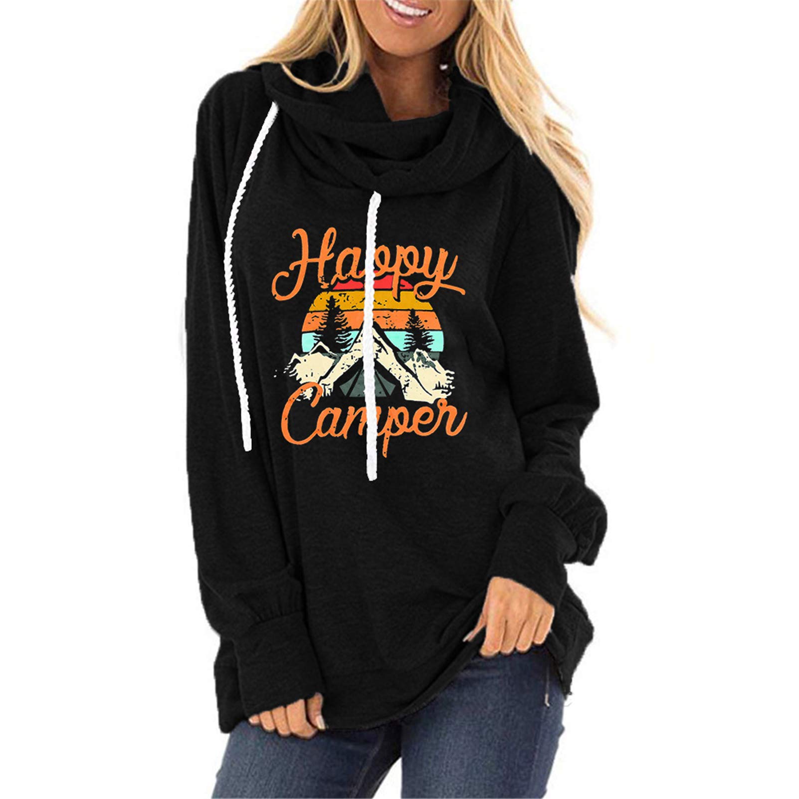 Vintage Mountain Graphic Happy Camper Hoodie for Women - Long Sleeve Drawstring Pullover Sweatshirt - Cozy Outdoor Camping & Casual Wear