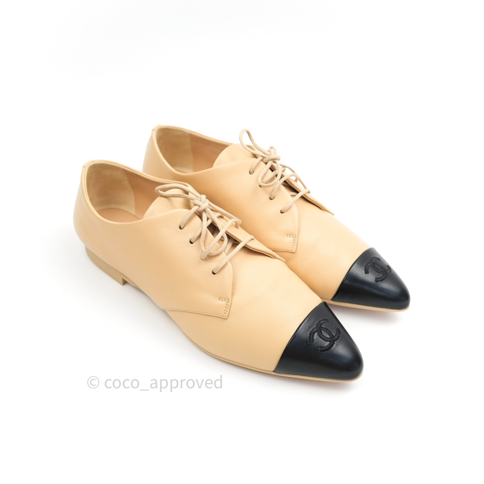 Chanel Beige & Black Lambskin Pointed Toe Pumps - Luxury Women's Dress Shoes for Office, Party & Special Occasions