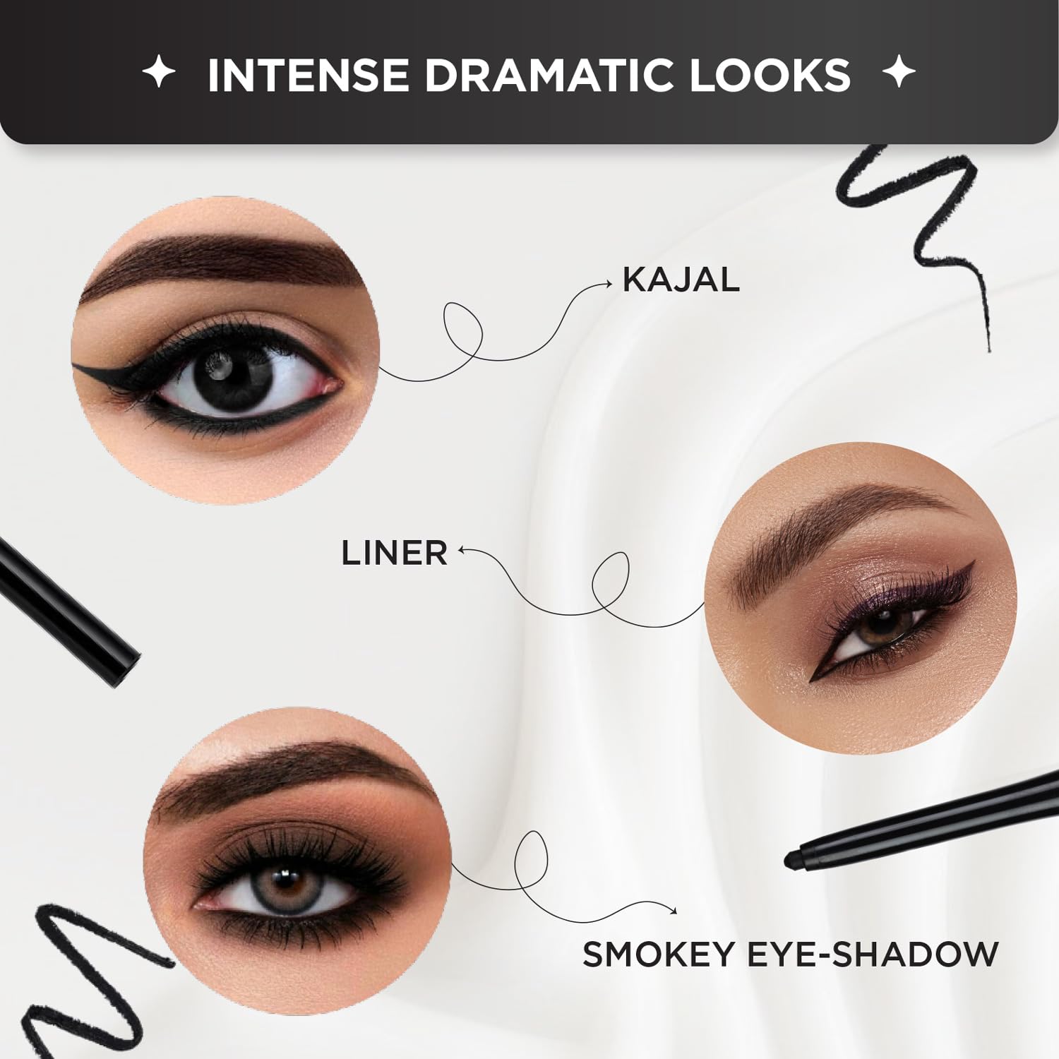 BELLAVITA Intense Drama Kajal Eyeliner - Black, Highly Pigmented, Smudge-Proof & Long Lasting (0.3g) - Infused with Vitamin E & Almond Oil for Glossy Finish - Perfect for Day & Night Makeup Looks