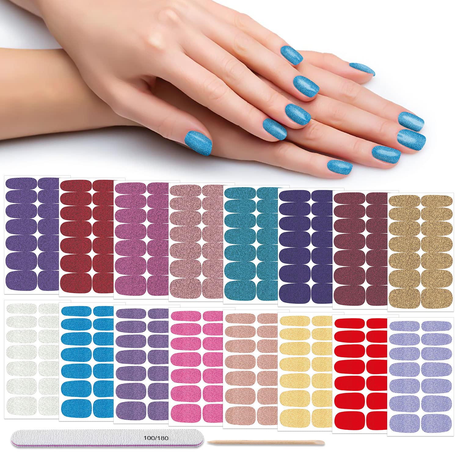 DANNEASY 16 Sheets Self-Adhesive Nail Polish Stickers - Full Nail Wraps Gel Strips for Women & Girls, Includes Nail File & Cuticle Stick (Glitter Series) | Perfect for DIY Manicures, Parties, Gifts & Special Occasions
