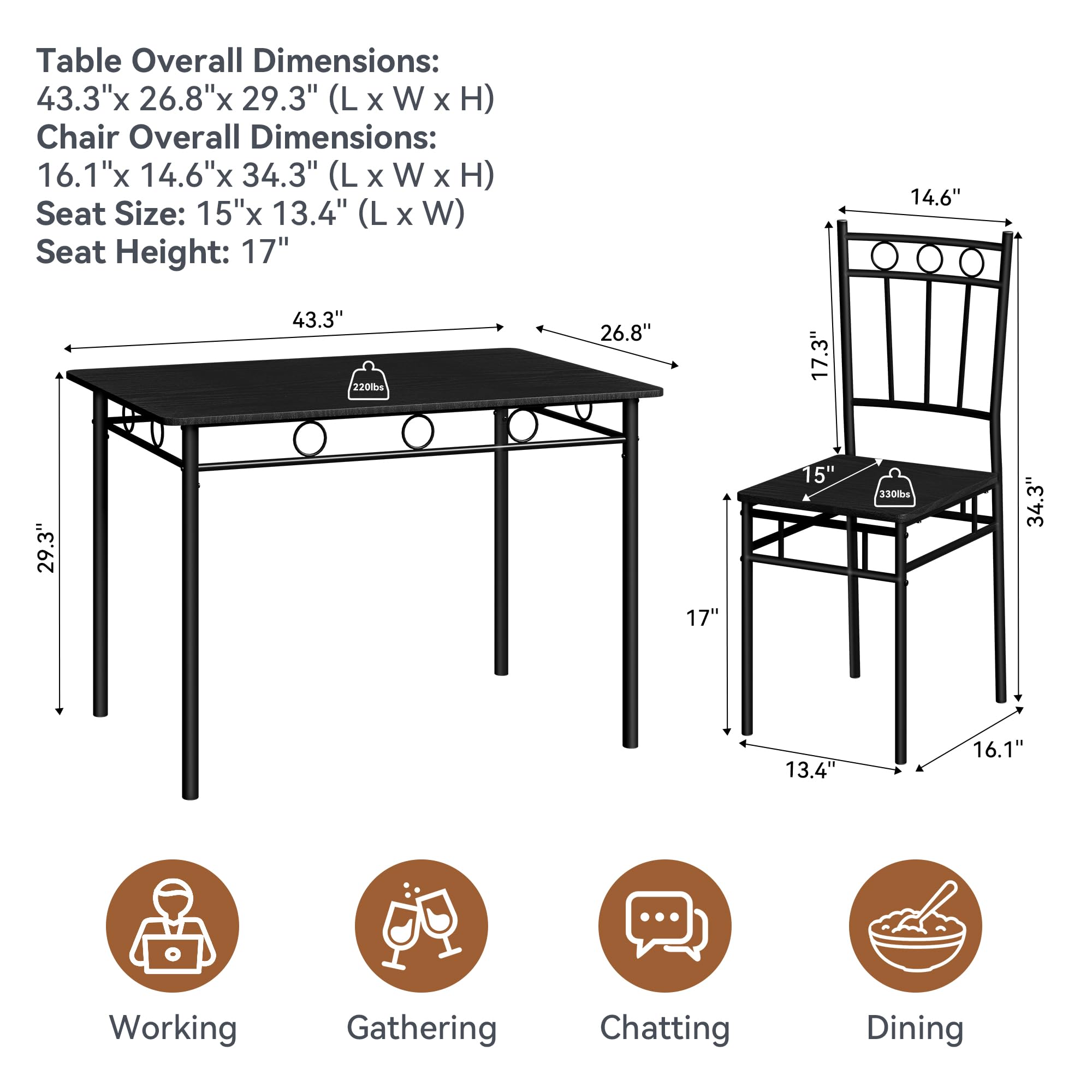 5-Piece Retro Black Dining Table Set for 4 - Rectangular Kitchen Table with 4 Chairs - Space-Saving Apartment Furniture for Small Spaces, Dinettes & Compact Homes - Perfect for Breakfast Nooks, Studio Apartments & Cozy Dining Areas