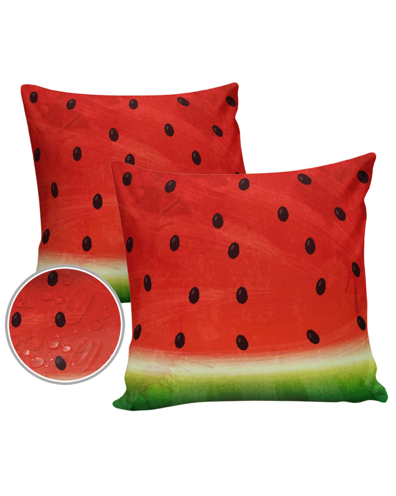 Waterproof Outdoor Throw Pillow Covers Set of 2 - 24x24 Inch Summer Watermelon Pattern Lumbar Pillow Cases for Patio Furniture, Couch, Garden Decor - Cute Cartoon Sketch Design for Backyard, Poolside & Porch Use