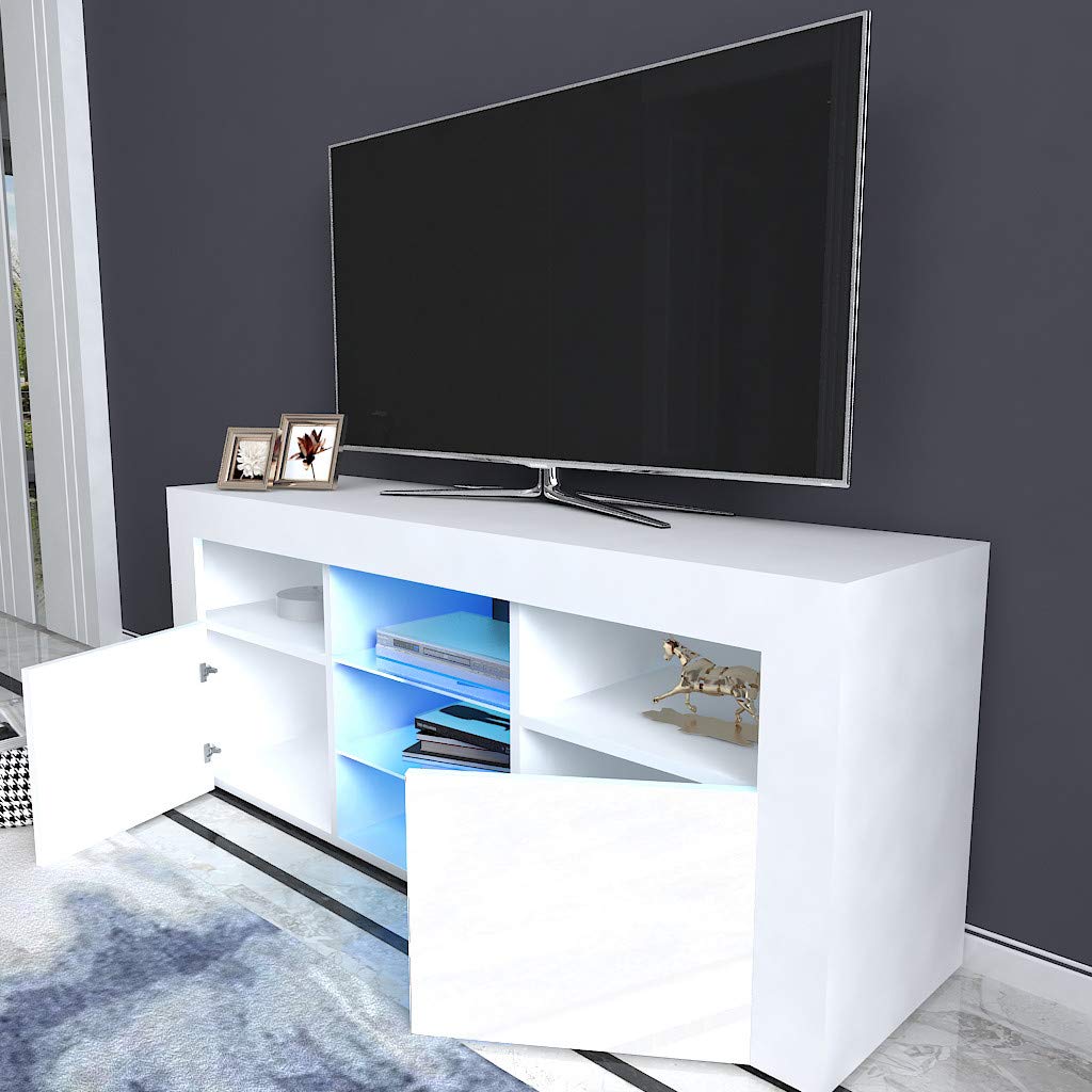 Modern Minimalist TV Stand with High-Gloss LED Lights - White Media Cabinet for Living Room, Bedroom & Home Theater - Sturdy Entertainment Center for Flat Screen TVs up to 65
