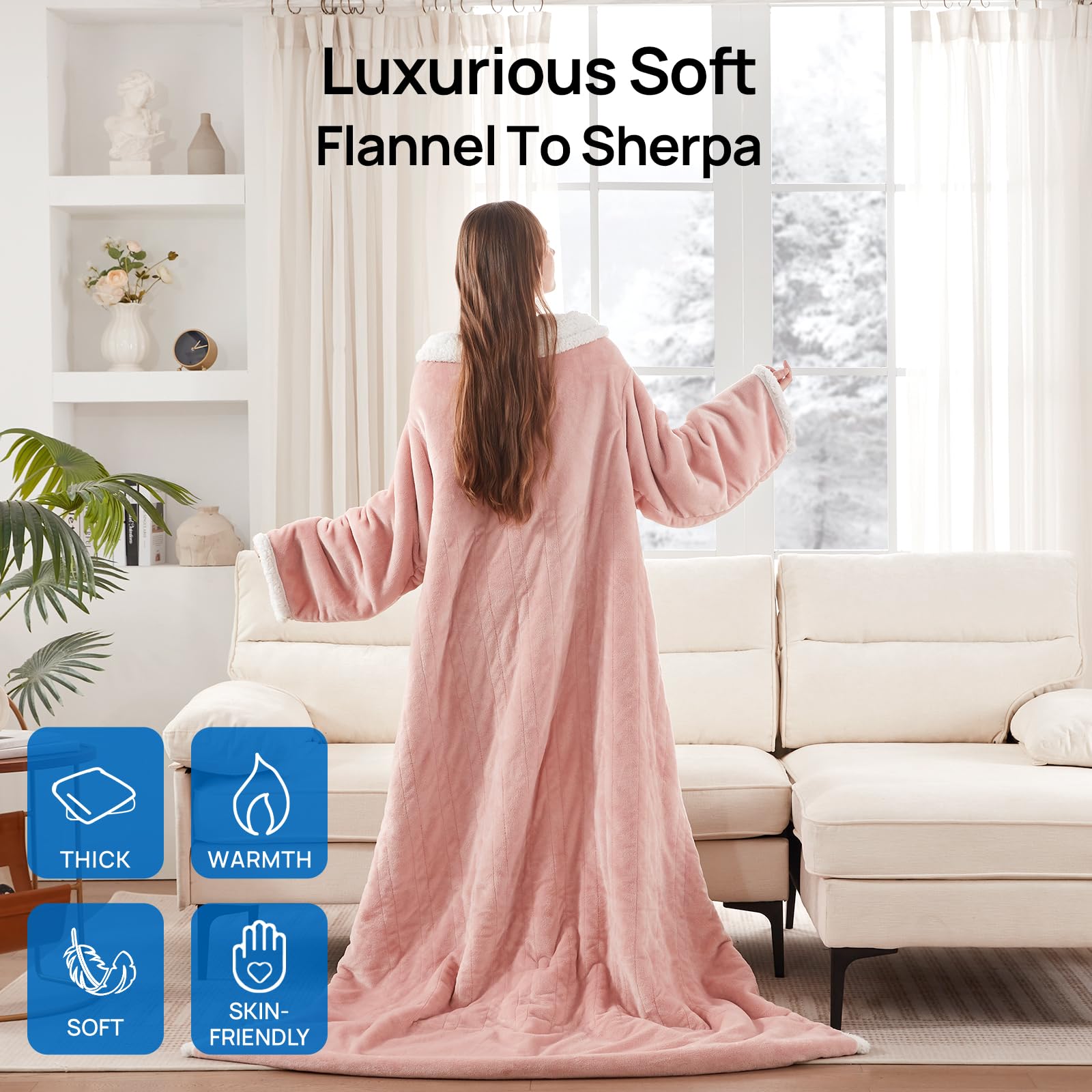 Westinghouse Electric Heated Blanket with Foot Pocket & Sleeves - 6 Heat Levels, 2-10 Hour Timer, 50x70