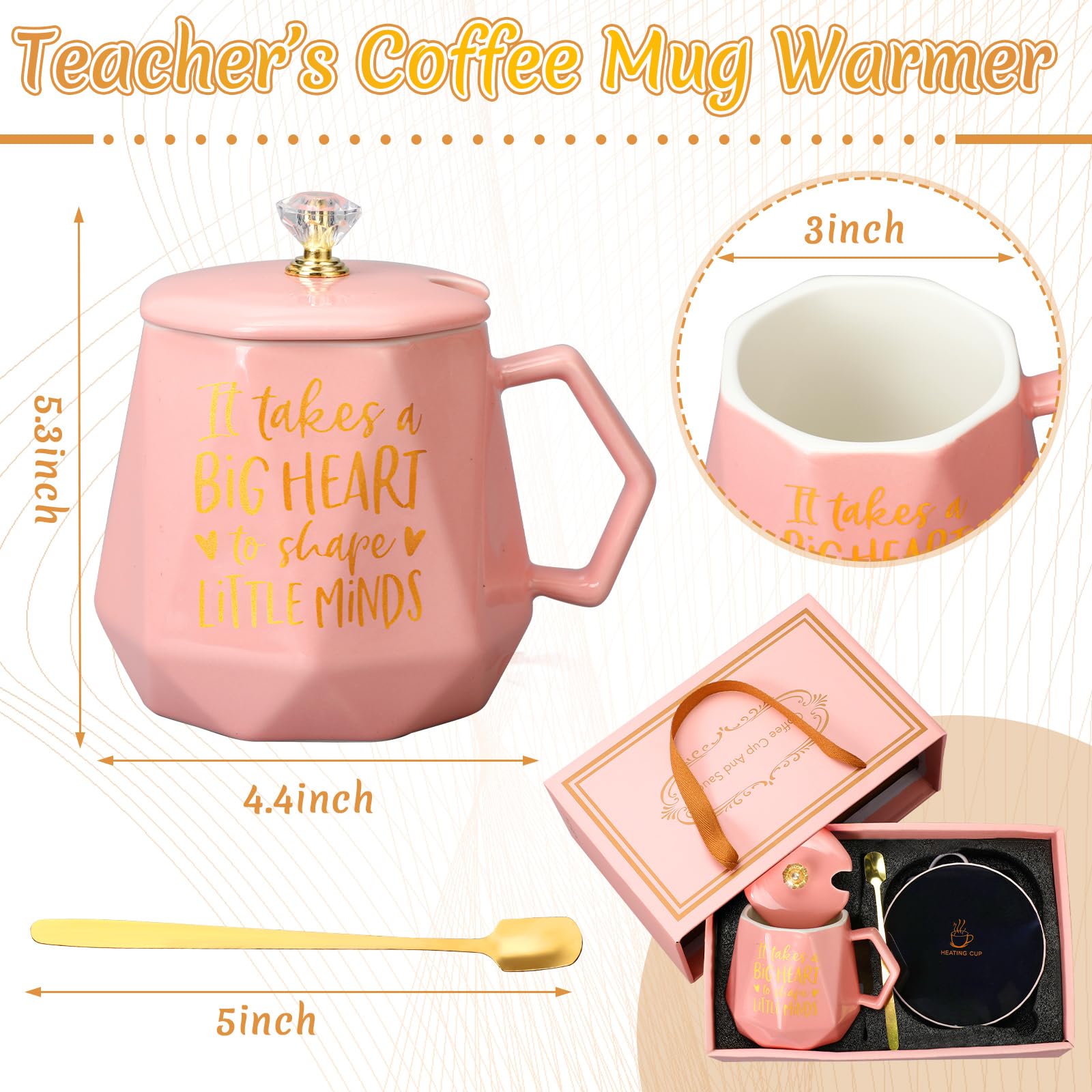 Electric Coffee Mug Warmer Set - 13.5 oz Teacher Appreciation Gift with 'It Takes a Big Heart to Shape Little Minds' Quote - Perfect for Teacher's Day, Women Educators & Teacher Week - Ideal for Classroom, Office or Home Use to Keep Drinks Warm