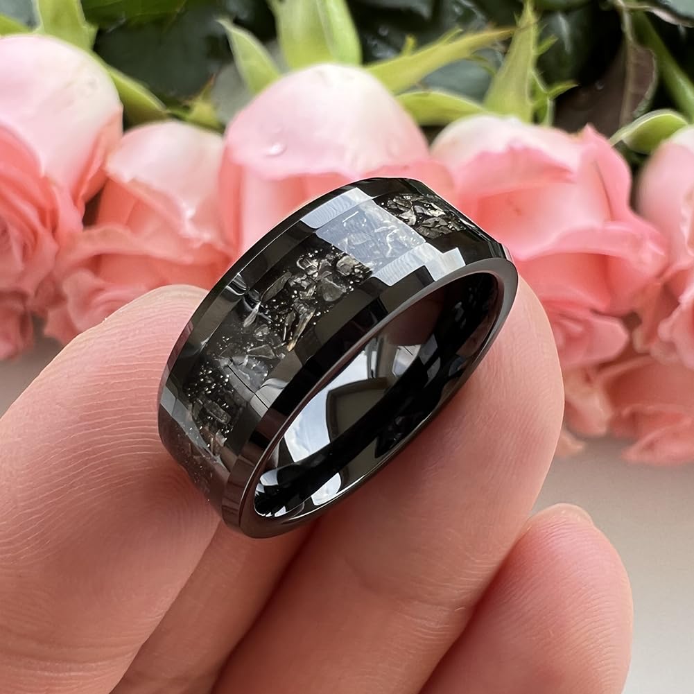 6mm & 8mm Silver Black Tungsten Rings for Men & Women - Meteorite Inlay Wedding Bands, Promise & Engagement Rings with Beveled Edges, Polished Shiny Comfort Fit - Perfect for Anniversary Gifts, Couple Rings & Special Occasions