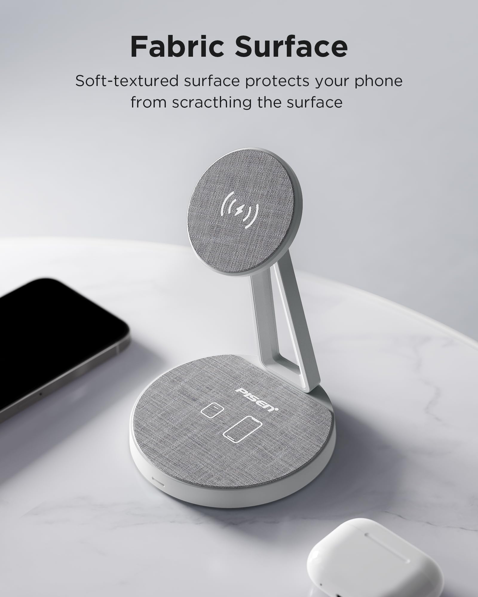 PISEN 2-in-1 MagSafe Charging Stand - 15W Fast Wireless Charger for iPhone 16/15/14/13/12, Samsung Galaxy, AirPods | Magnetic Charging Station with Fiber Surface | Perfect for Home, Office & Nightstand Charging