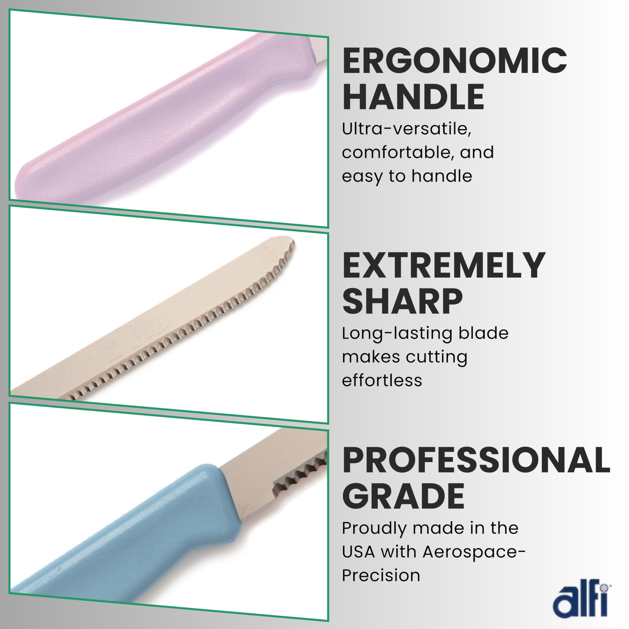 Alfi Premium 3-Piece Serrated Steak Knives Set - Aerospace Precision Rounded Tip All-Purpose Kitchen Knives - Made in USA (Bahama Blue) - Perfect for Steak Dinners, BBQ Parties & Home Kitchen Use