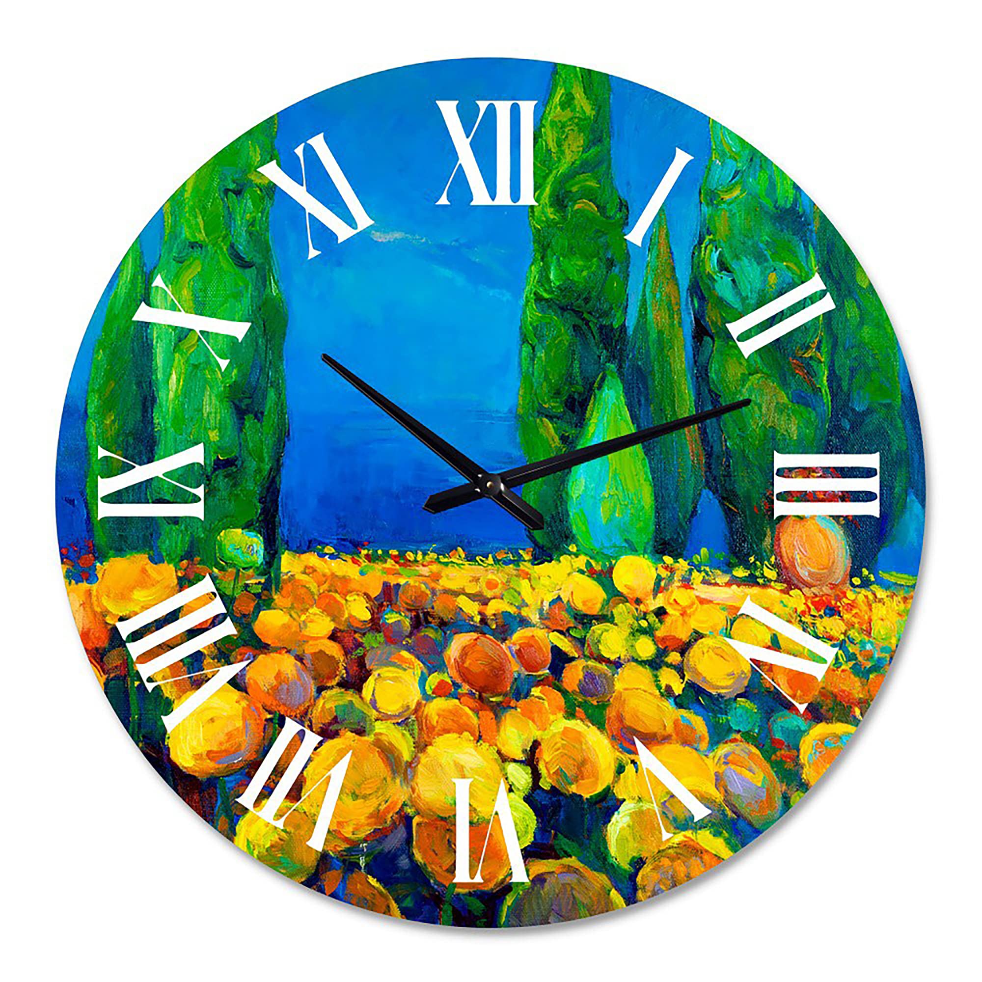 DesignQ Traditional Wall Clock - Yellow Blossoming Landscape with Green Trees | Large Nature-Themed Wall Clock for Living Room, Bedroom & Office Decor | Perfect for Home, Office & Gift Giving