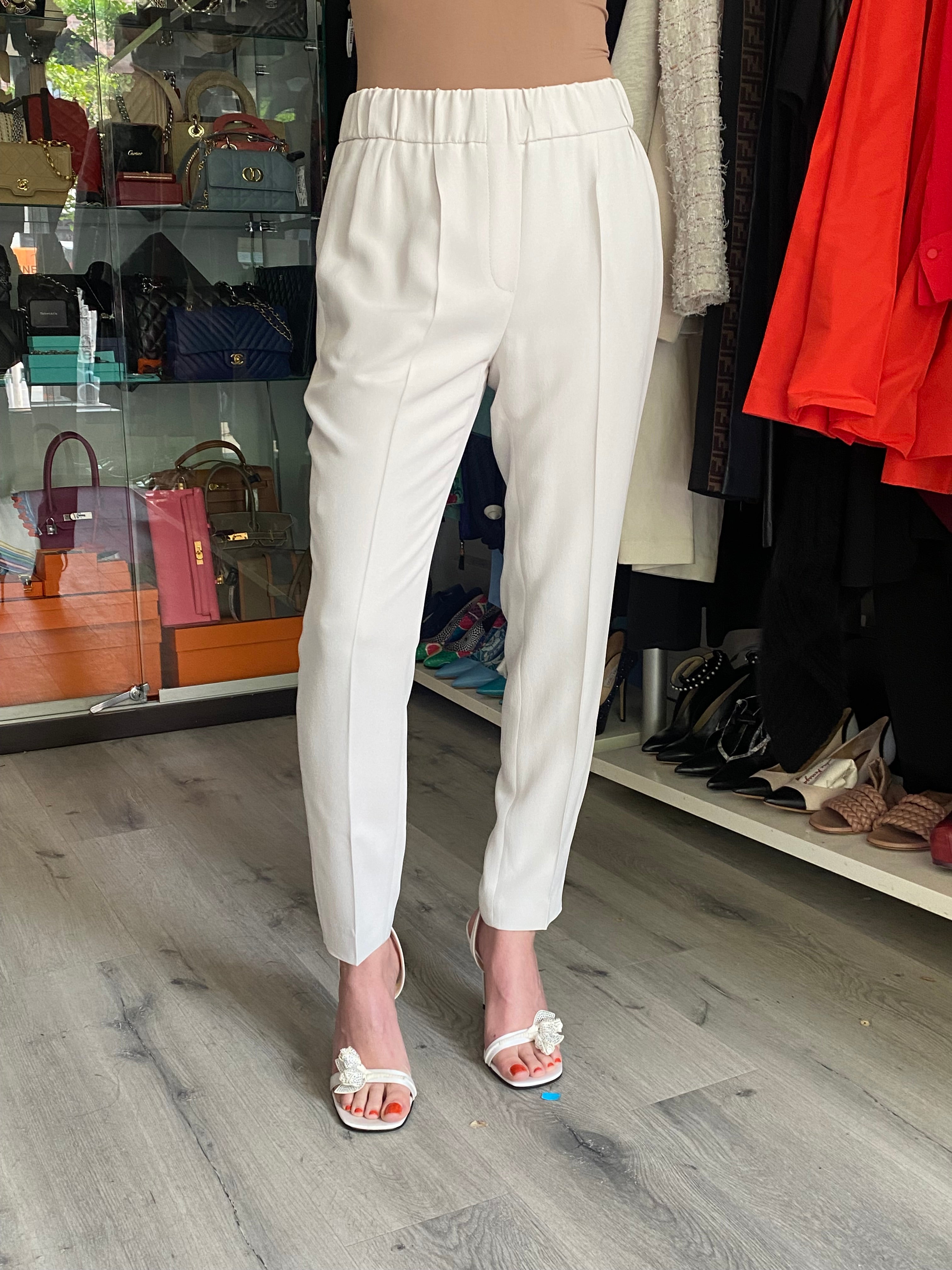 Brunello Cucinelli Ivory Silk Blend Tapered Jogger Pants for Women - Size IT 44 / US 8 - Luxury Comfort for Travel, Work & Casual Wear